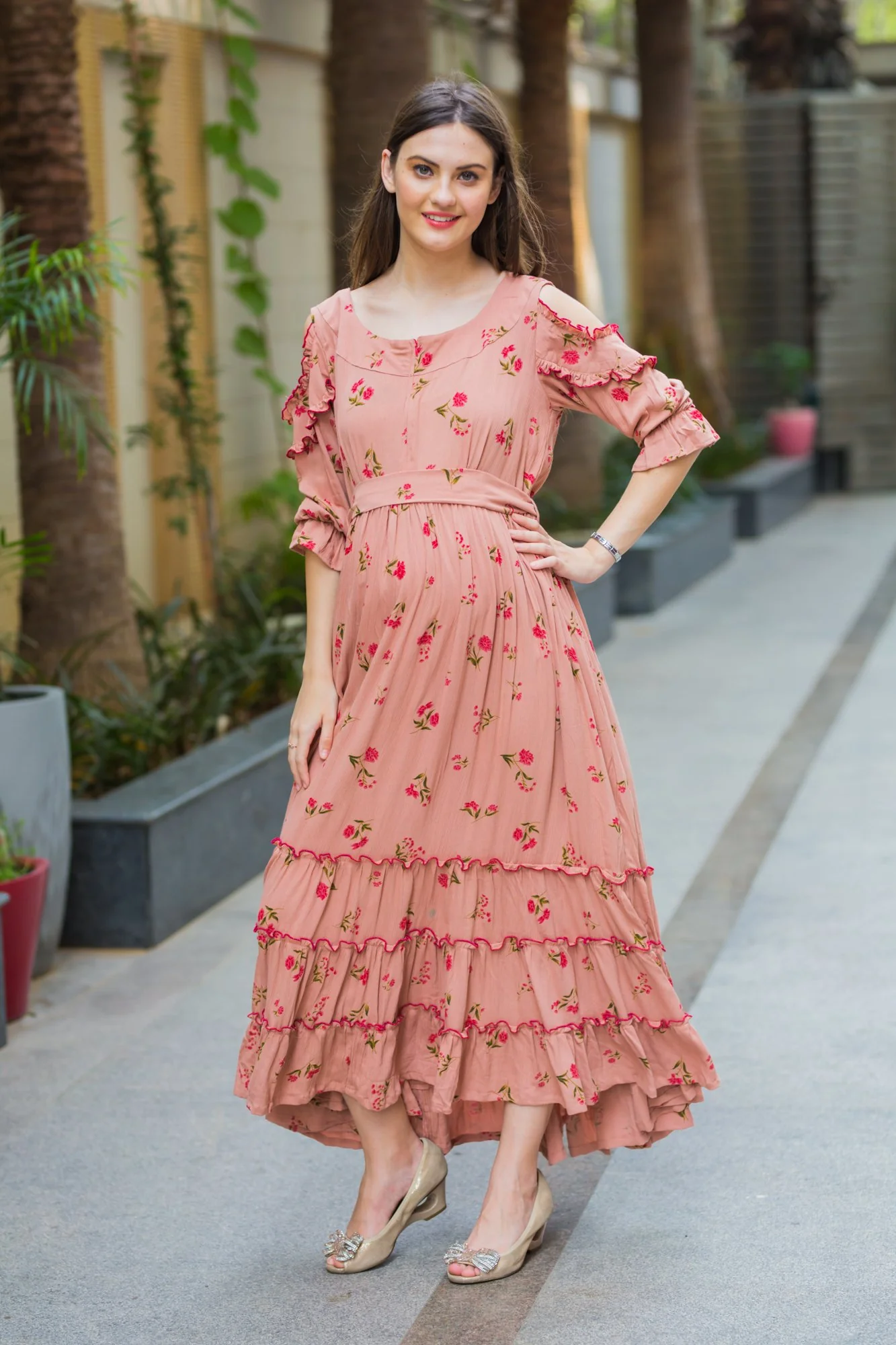 Peach Hawaiin Floral Frill Maternity & Nursing Maxi - Chenance