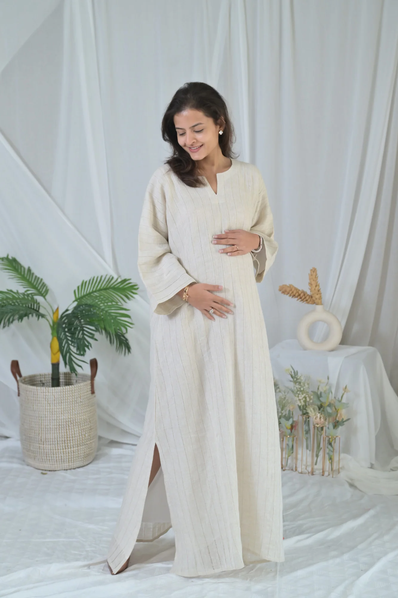 Luxe Graceful Beige Long Maternity Linen Dress - Chenance