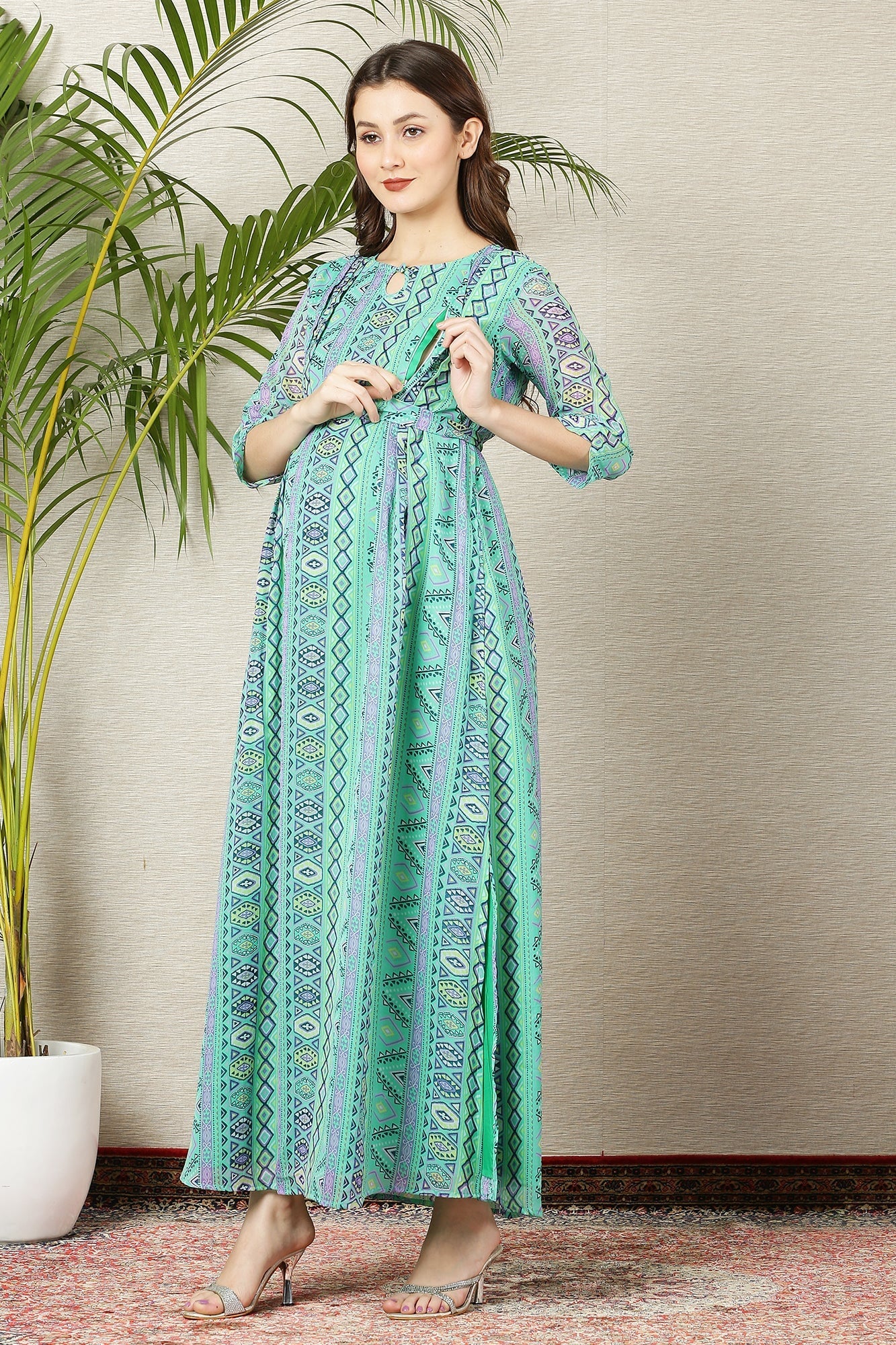 Apple Green Floral Side Slit Maternity & Nursing Dress - Chenance