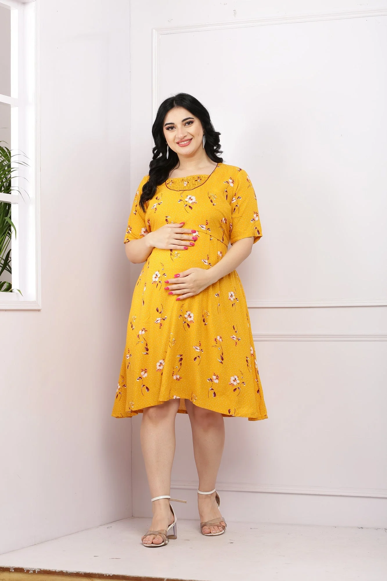 Classic Floral Mustard Flap Nursing Dress - Chenance