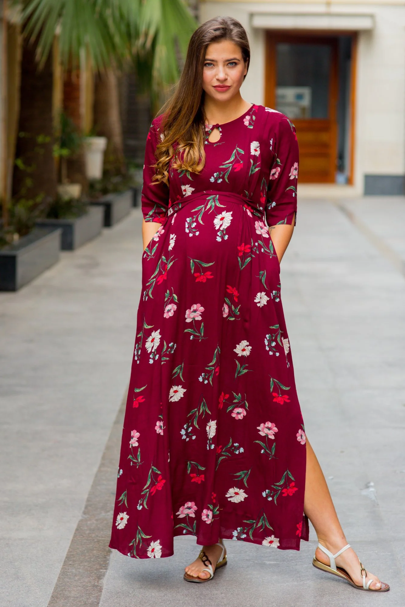 Burgundy Floral Side Slit Concealed Zips Feeding Dress - Chenance
