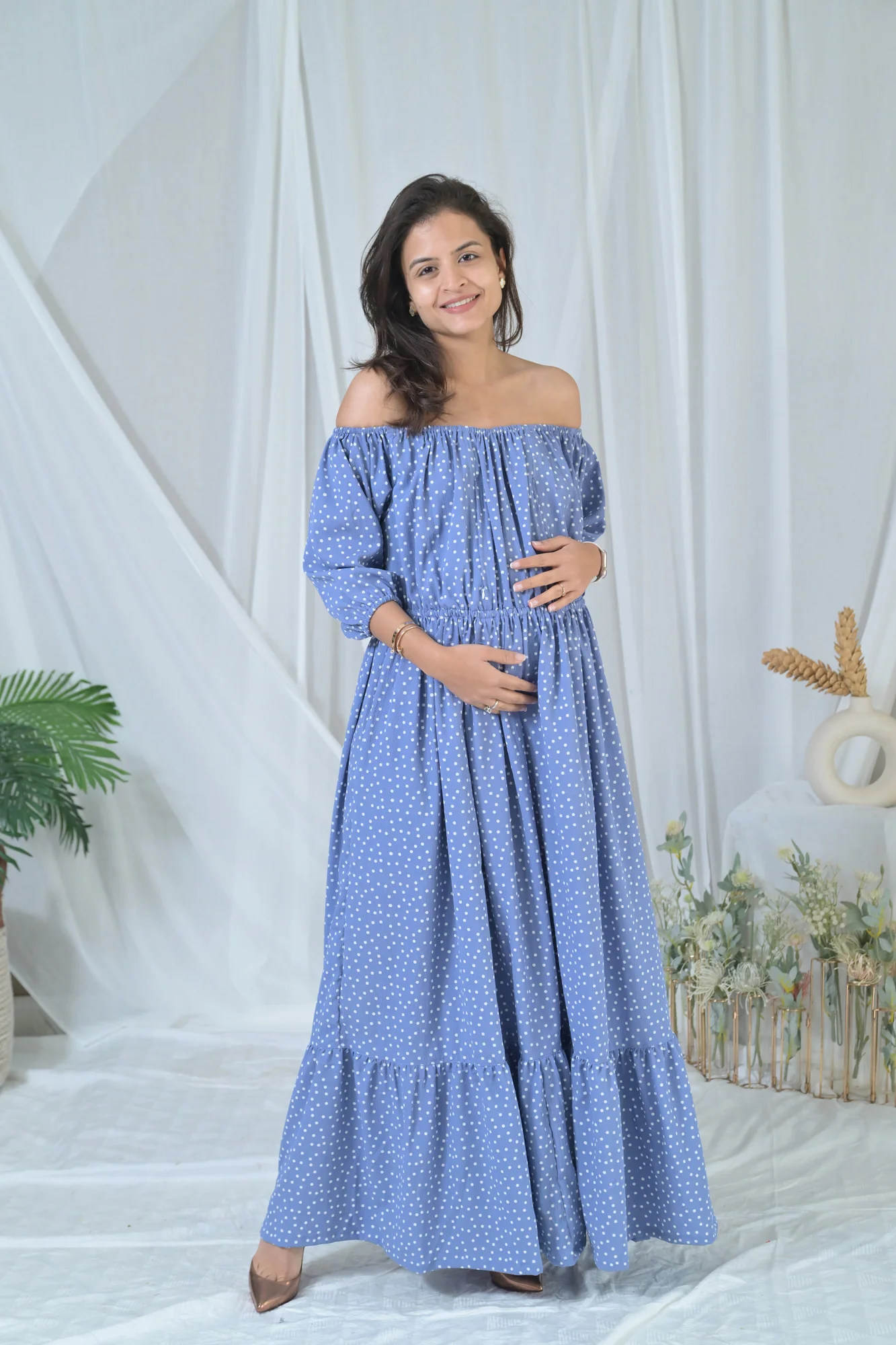Sea Blue Polka Off-Shoulder Maternity & Nursing Maxi Dress - Chenance