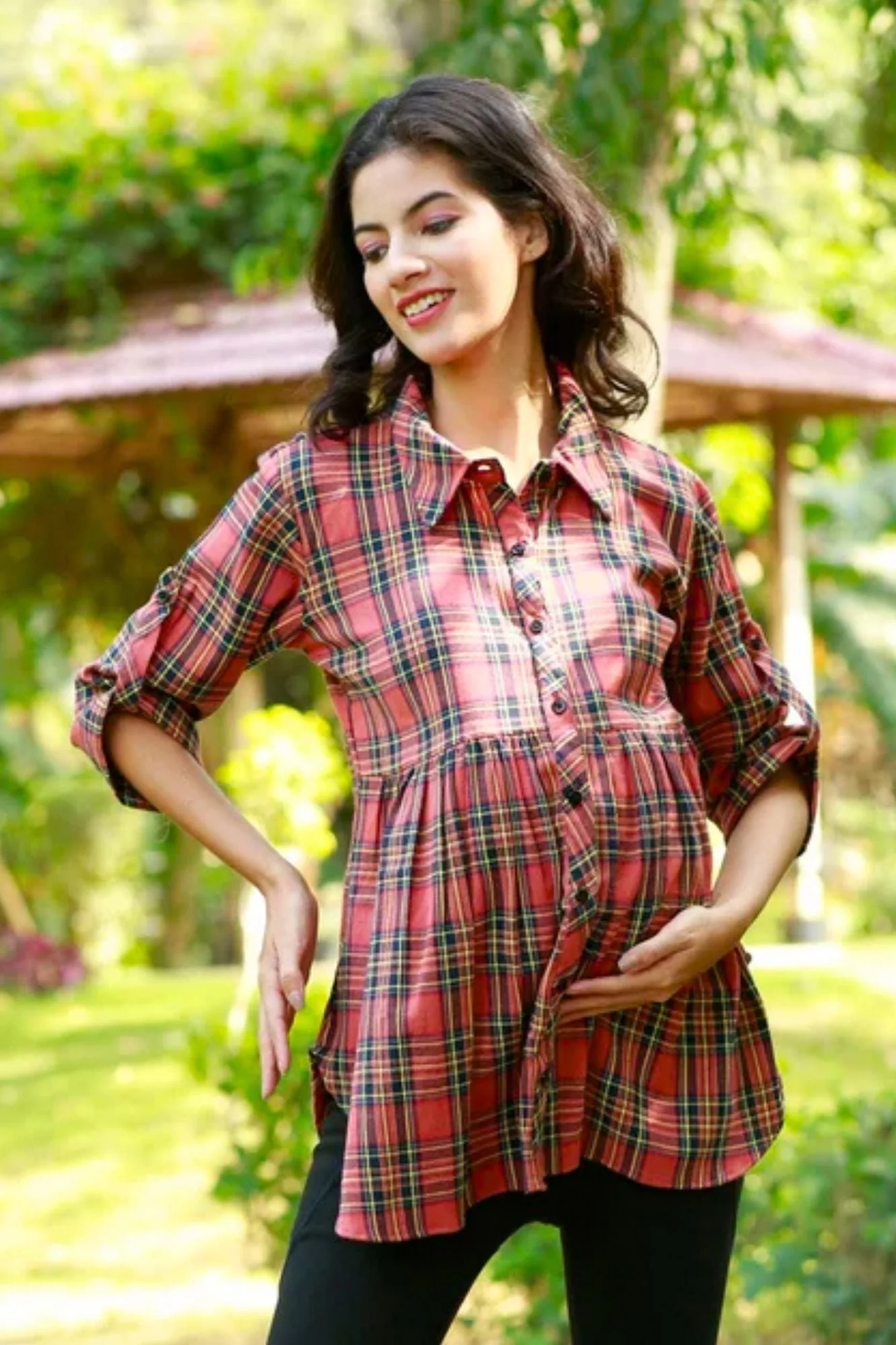 Chic Blush Red Tartan Check Maternity & Nursing Top - Chenance