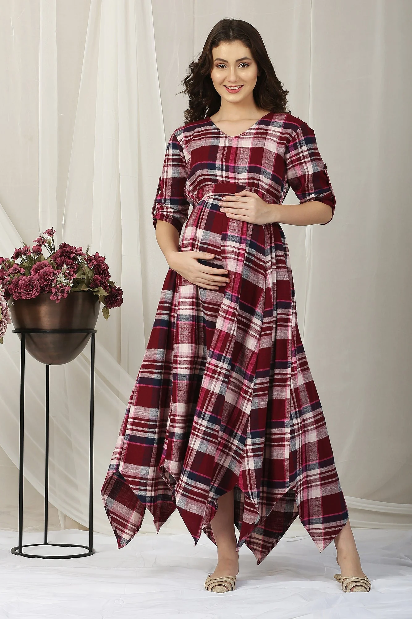Classy Magenta Pink Flannel Checks Maternity & Nursing Maxi - Chenance
