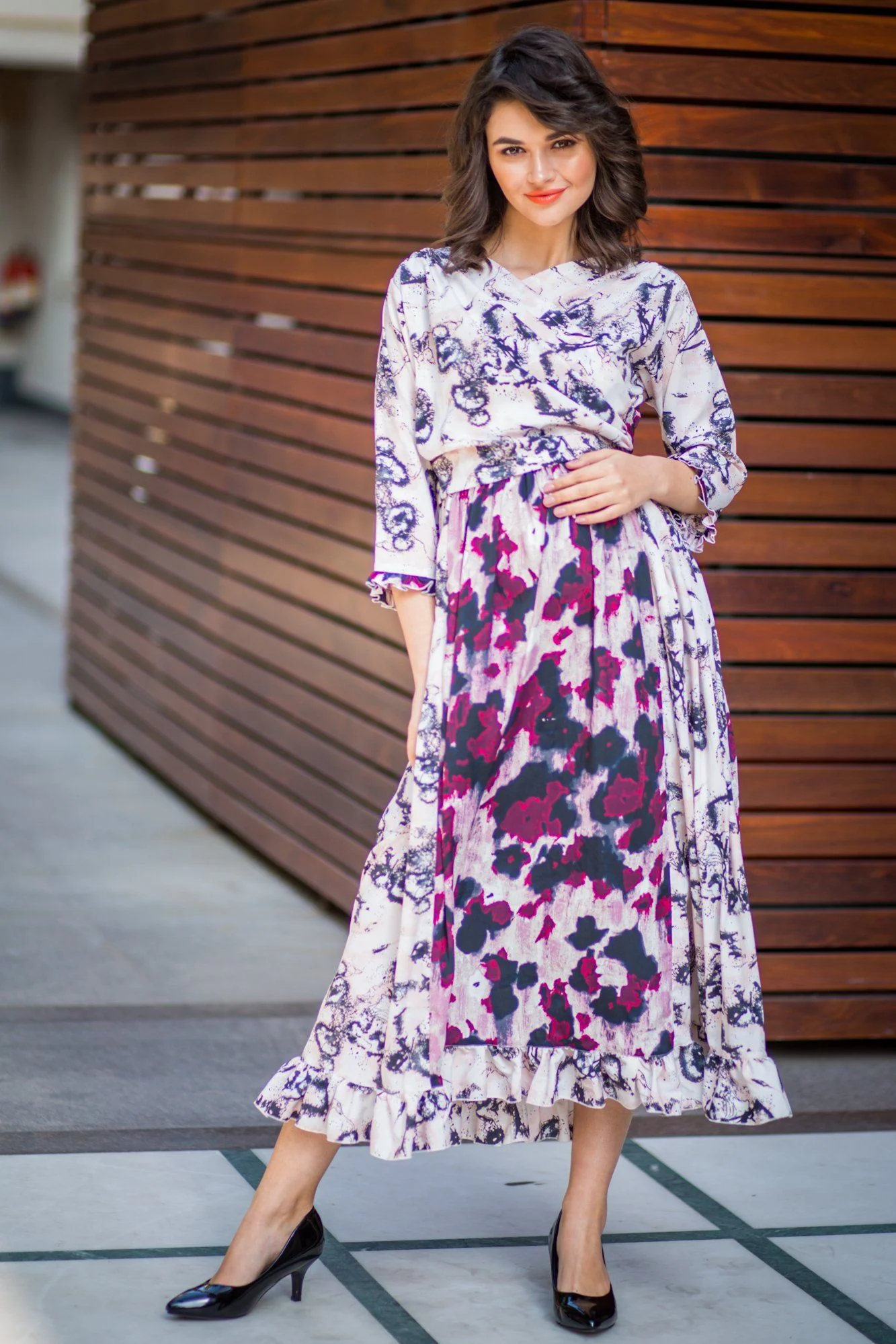 Plum Abstract Frill Maternity & Nursing Wrap Dress - Chenance