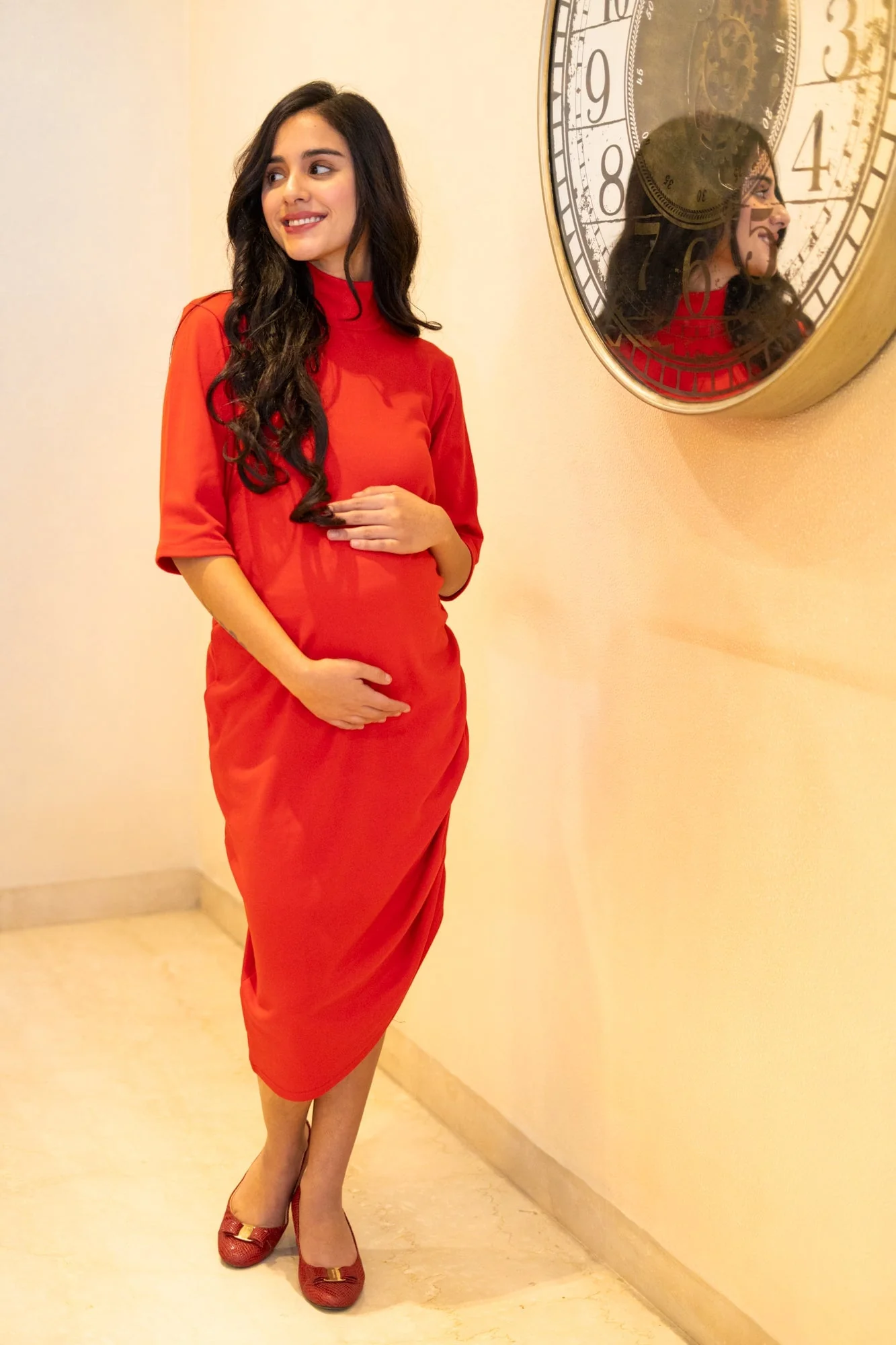 Glamorous Ribbed Brick Red Maternity Dress - Chenance