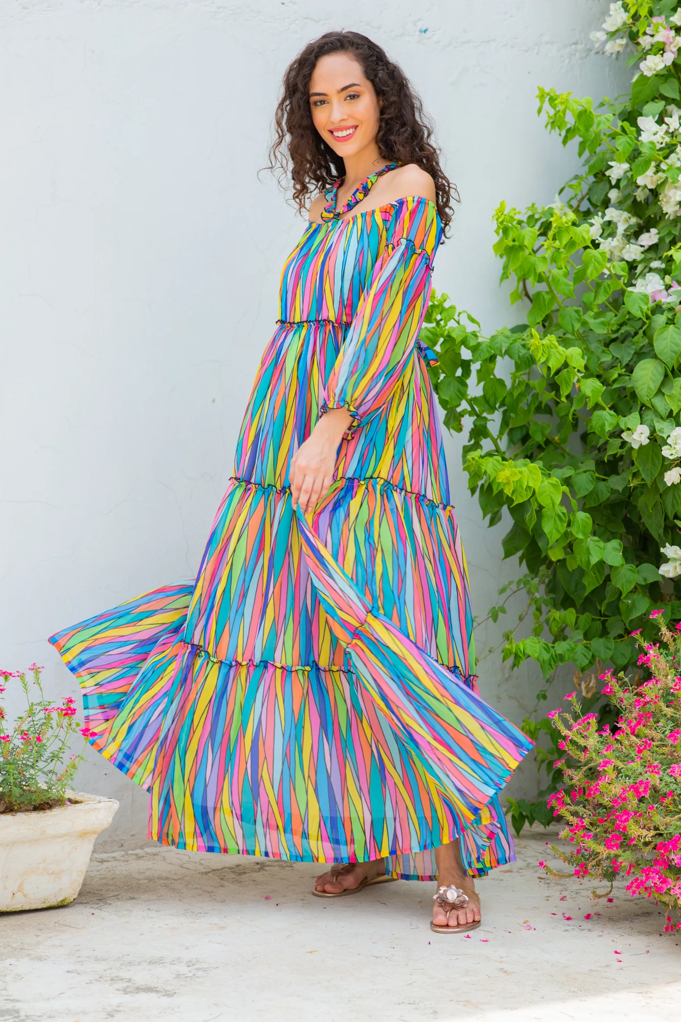 Cascading Colorful Chiffon Halter Maternity & Nursing Frill Dress - Chenance