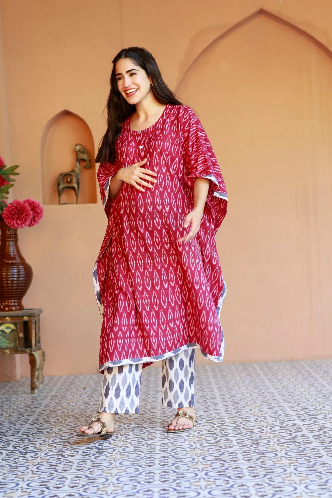 Rouge Ikat Maternity & Nursing Kaftan Set (100% Cotton) - Chenance