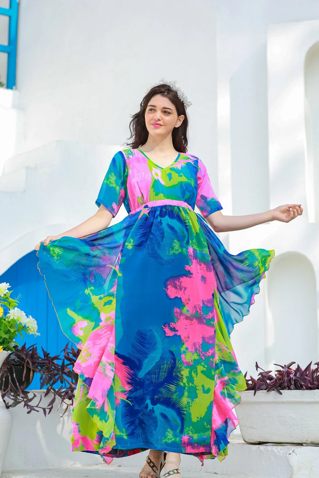 Vibrant Rainbow Maternity Flow Dress - Chenance