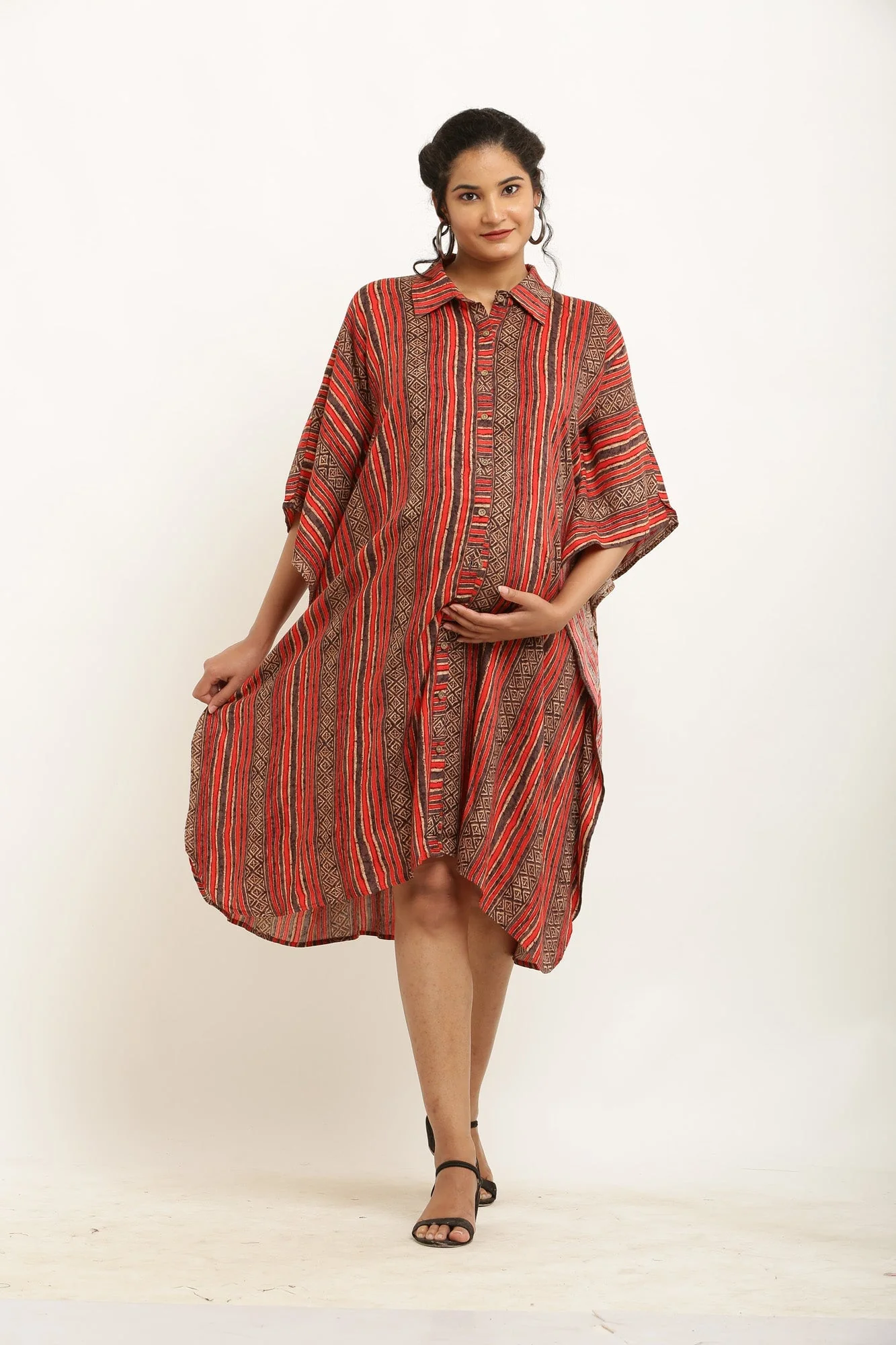 Classic Reddish Brown Striped Maternity & Nursing Kaftan Dress (100% Cotton) - Chenance