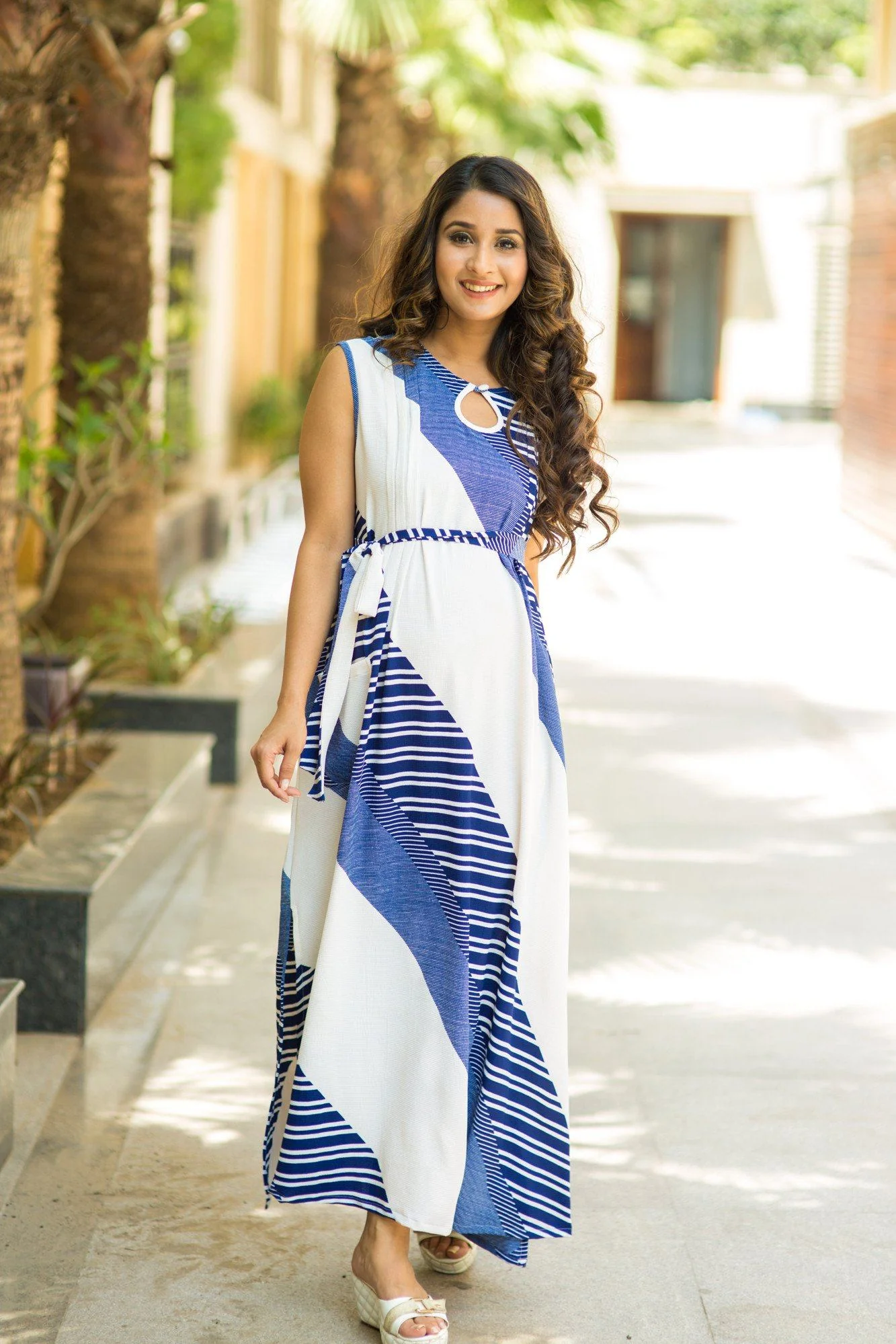 Nautical Printed Crepe Side Slit Concealed Zips Dress - Chenance