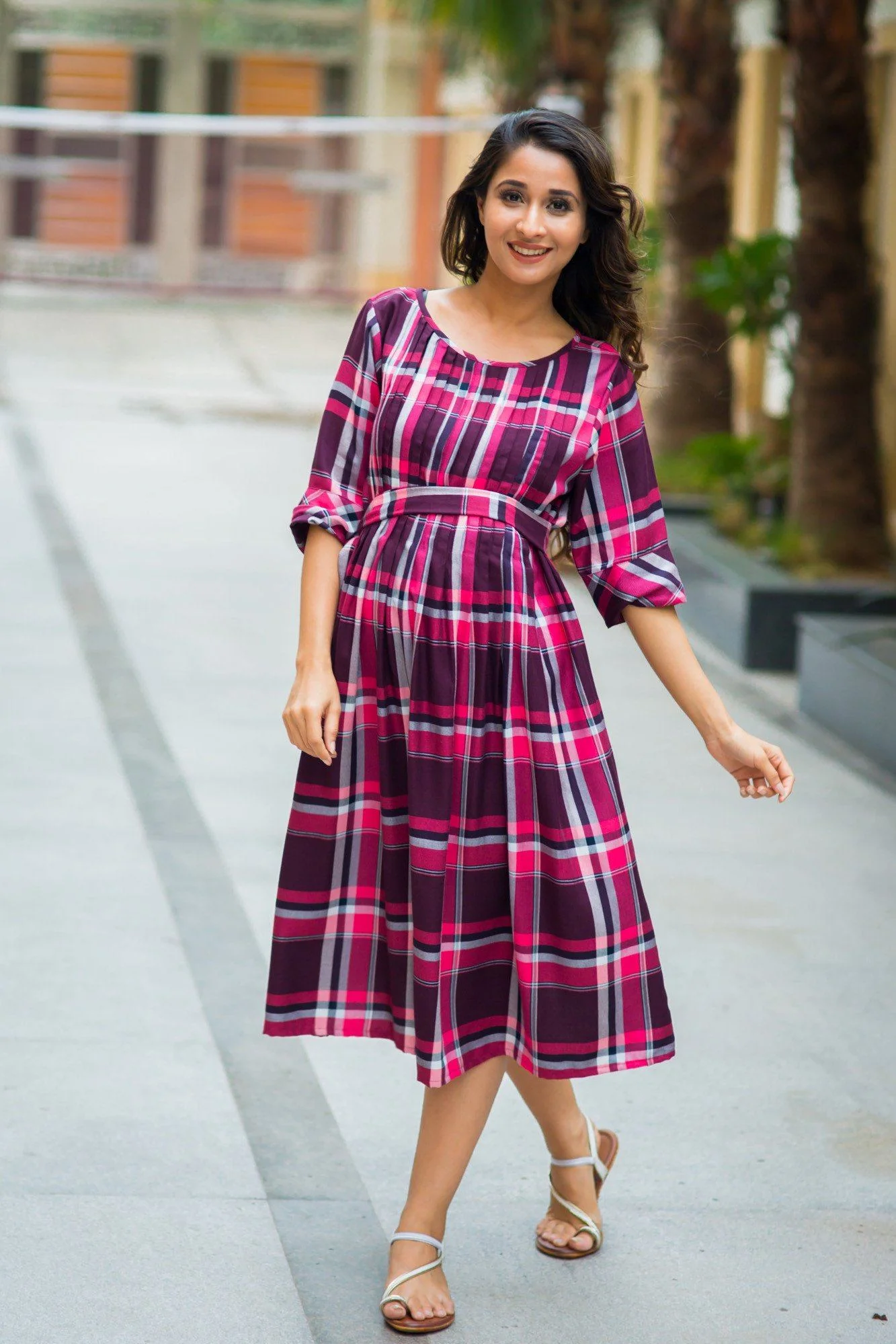 Raspberry Plaid Pintucks Maternity & Nursing Dress - Chenance