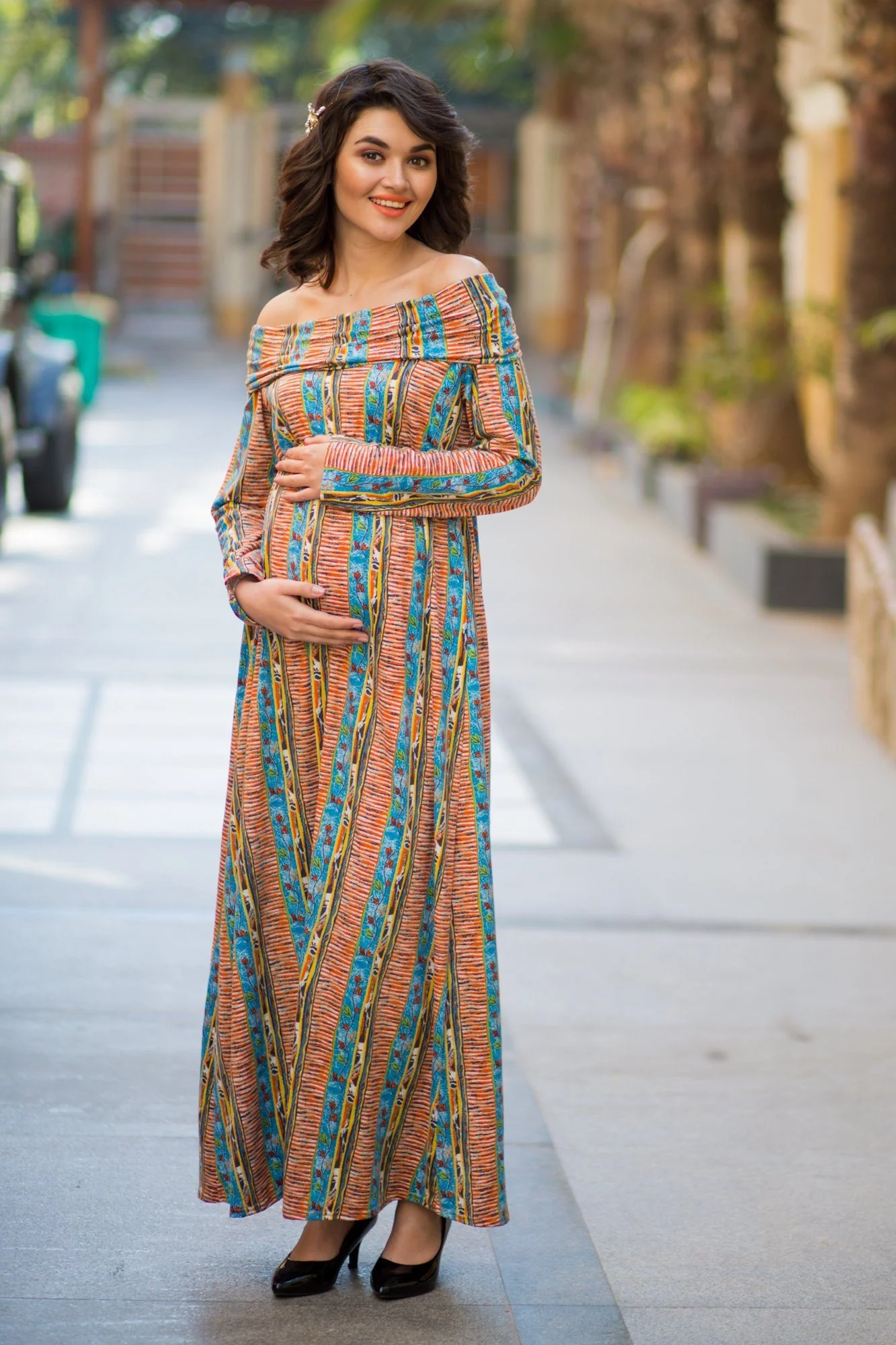 Printed Cowl Neck Off-shoulder Lycra Maternity Maxi Dress - Chenance