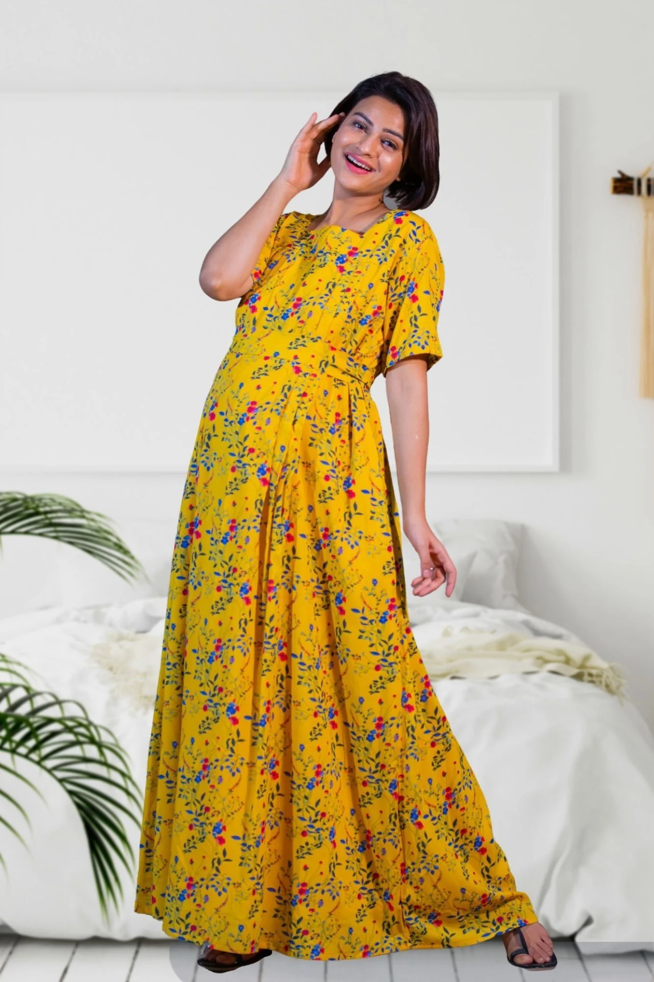 Moonlight Yellow Maternity & Nursing Dress / Delivery Gown/ Night Dress - Chenance