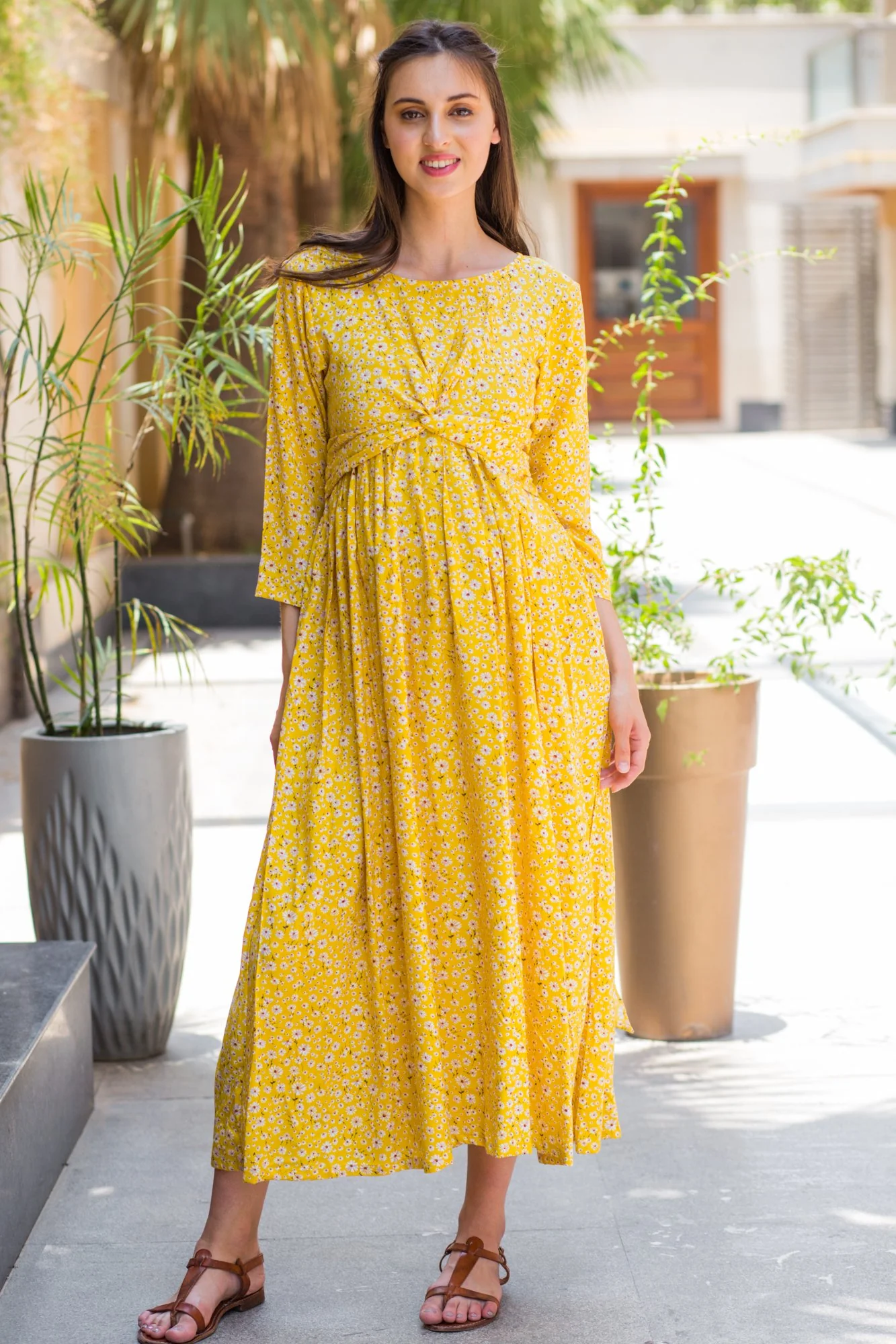Yellow Daisy Front Knot Maternity Midi Dress - Chenance