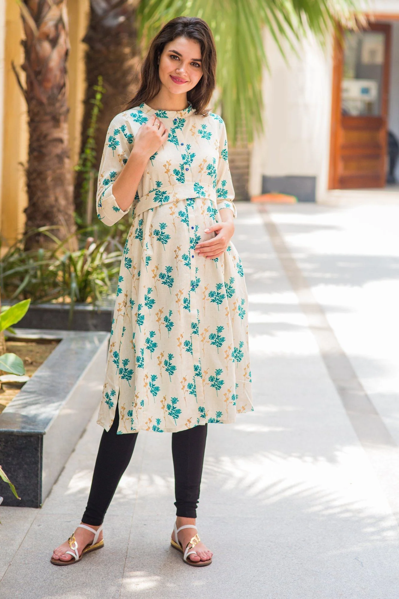 White Leafy Front Button Nursing Kurta - Chenance
