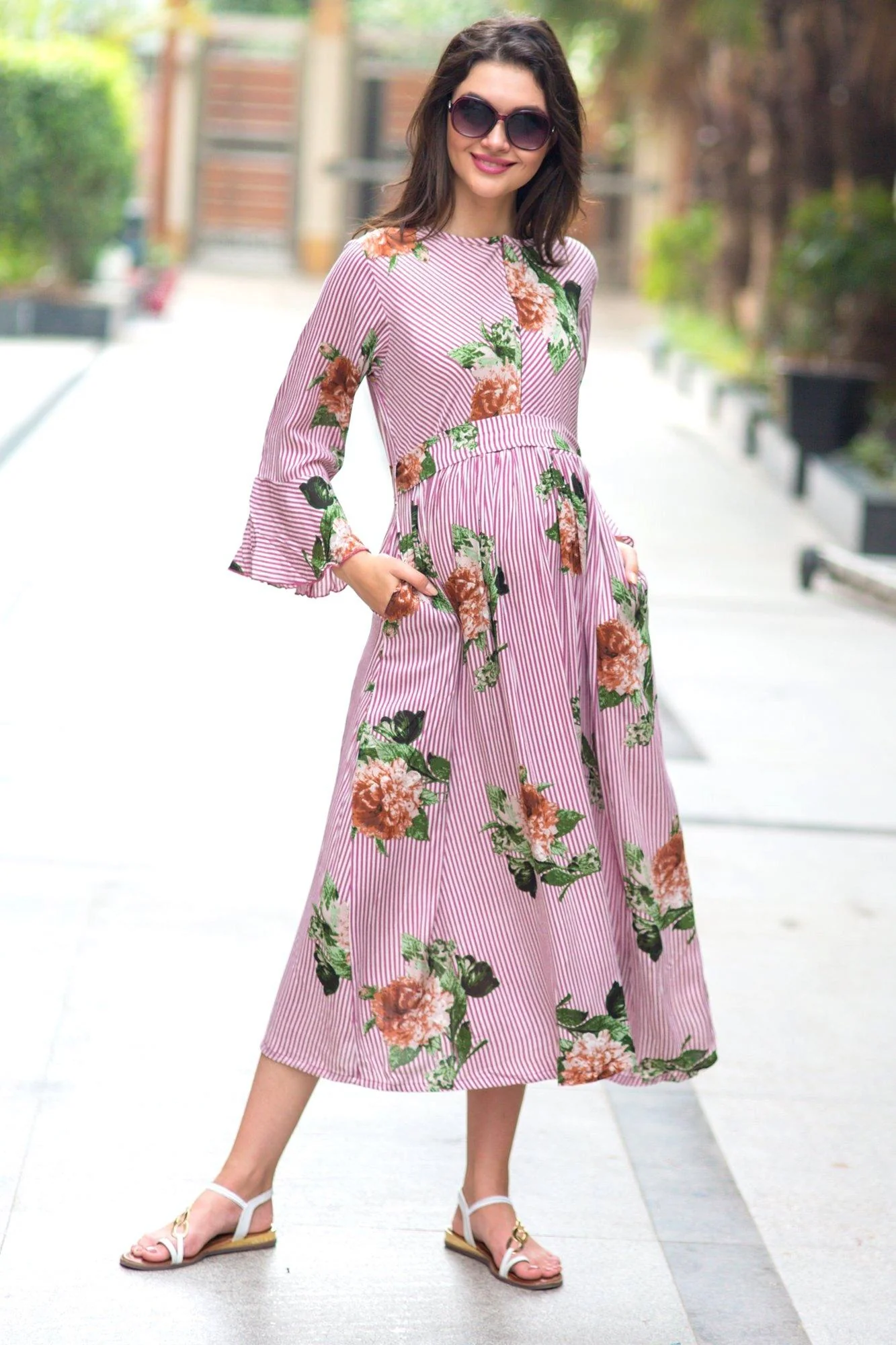 Striped Floral Boho Maternity & Nursing Dress - Chenance