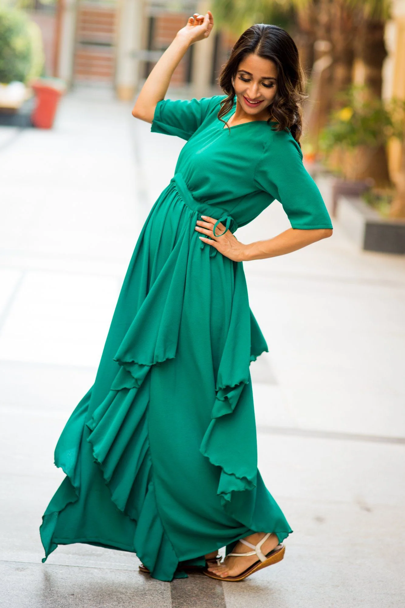 Luxe Forest Green Bubble Georgette Maternity Dress - Chenance