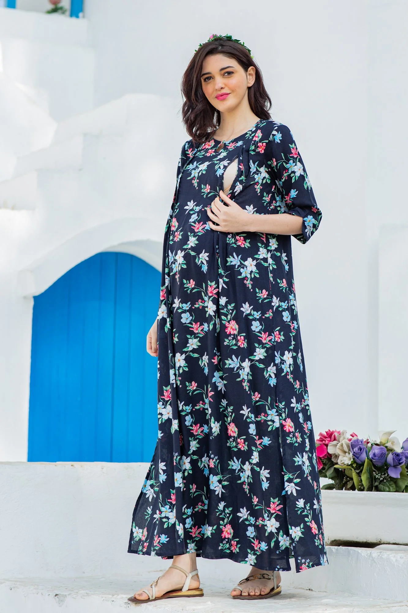 Navy Garden Side Slits Maternity & Nursing Dress - Chenance