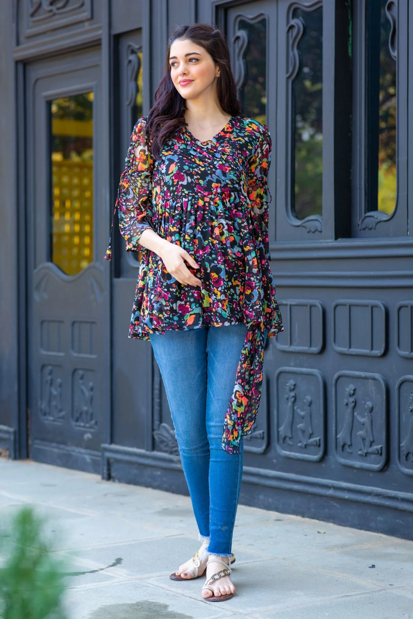 Midnight Bloom Chiffon Gathered Maternity Top - Chenance