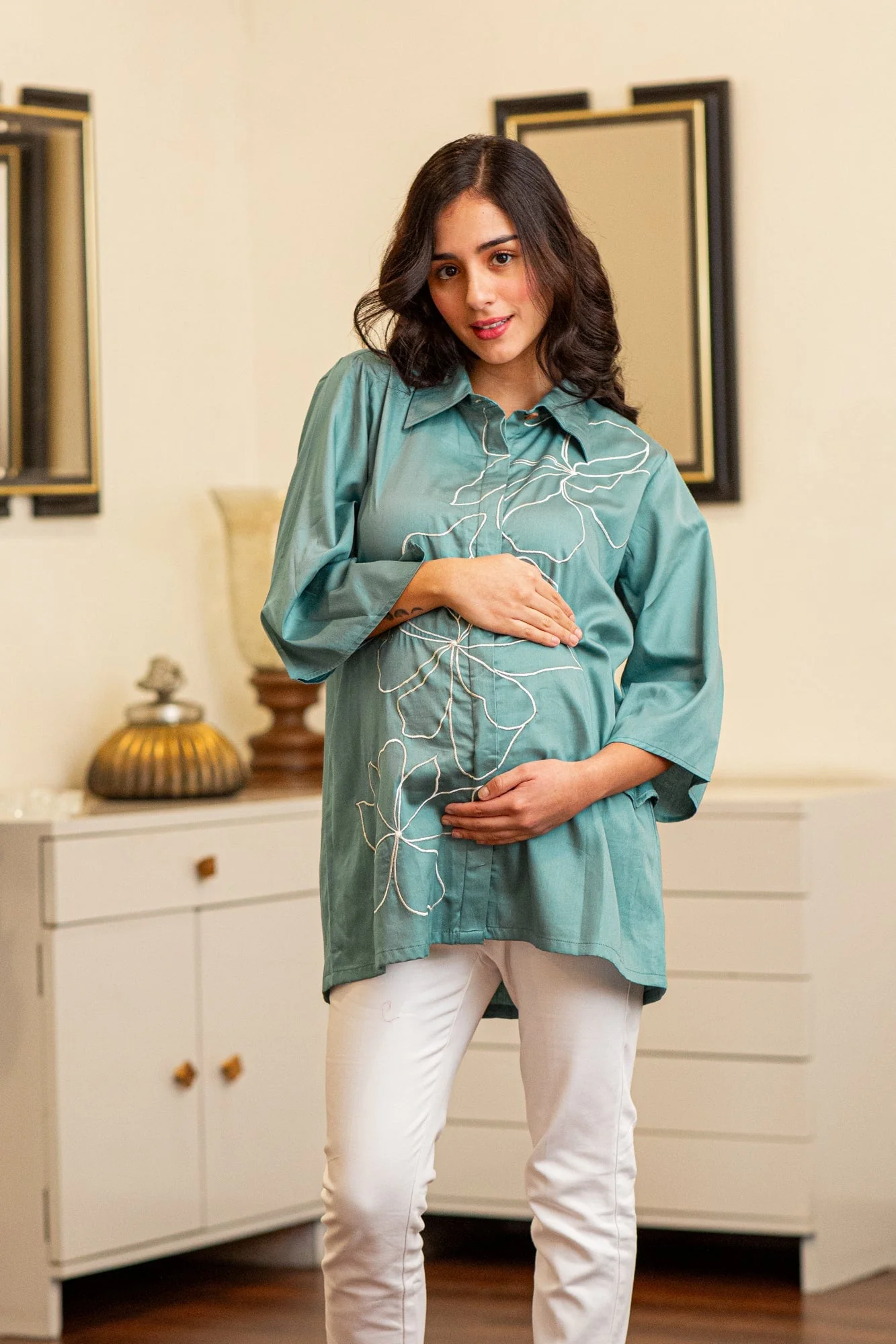 Premium Dusty Cyan Green Embroidered Maternity & Nursing Shirt - Chenance
