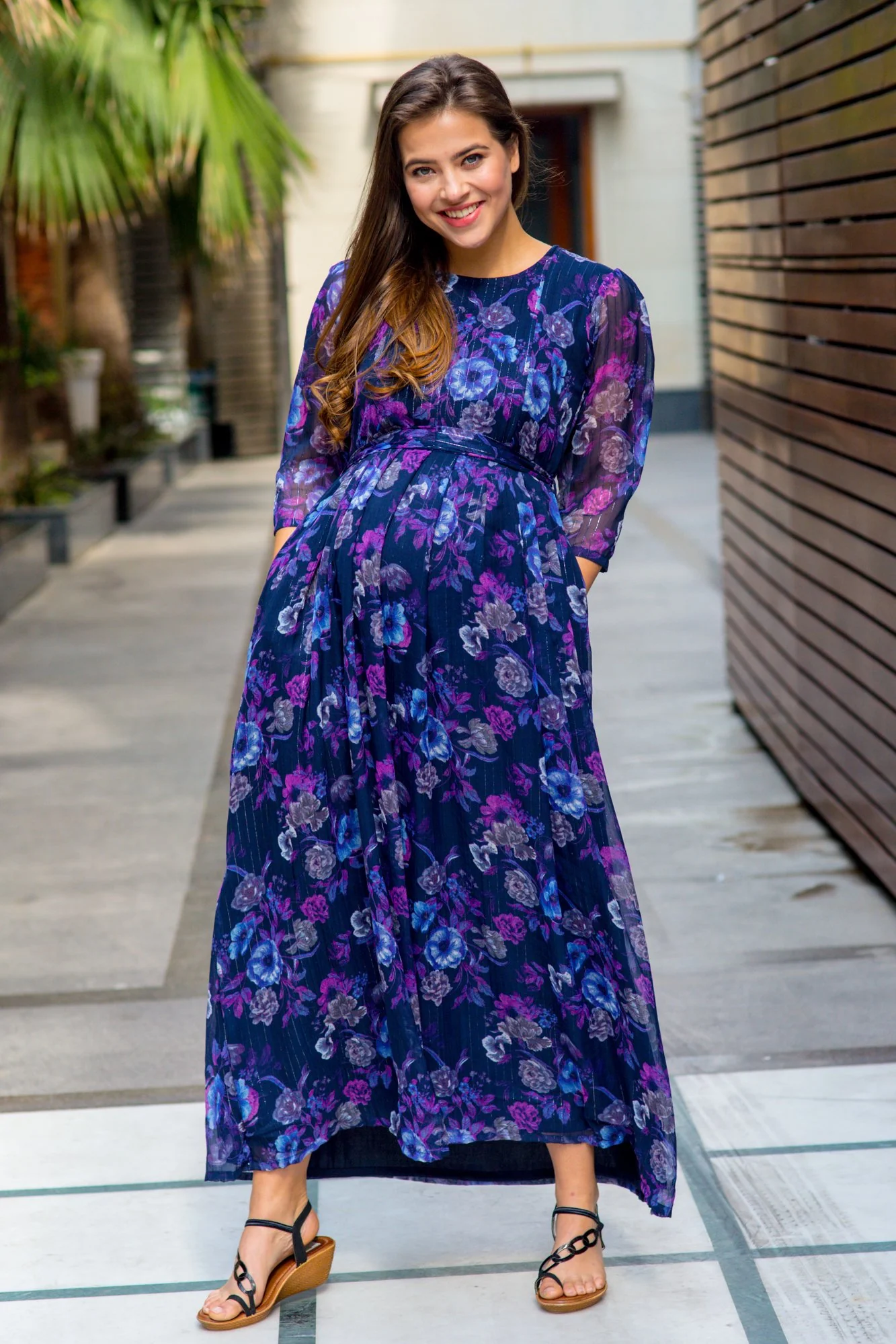 Luxe Chiffon Violet Floral Maternity & Nursing Dress - Chenance