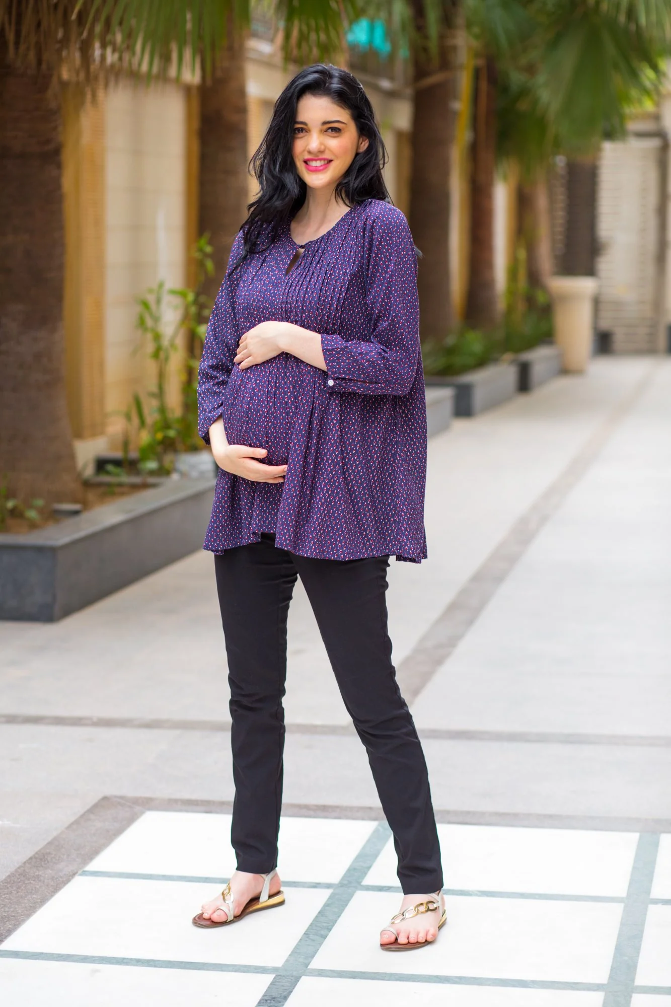 Blue Printed Pintucks Maternity & Nursing Concealed Zip Top - Chenance