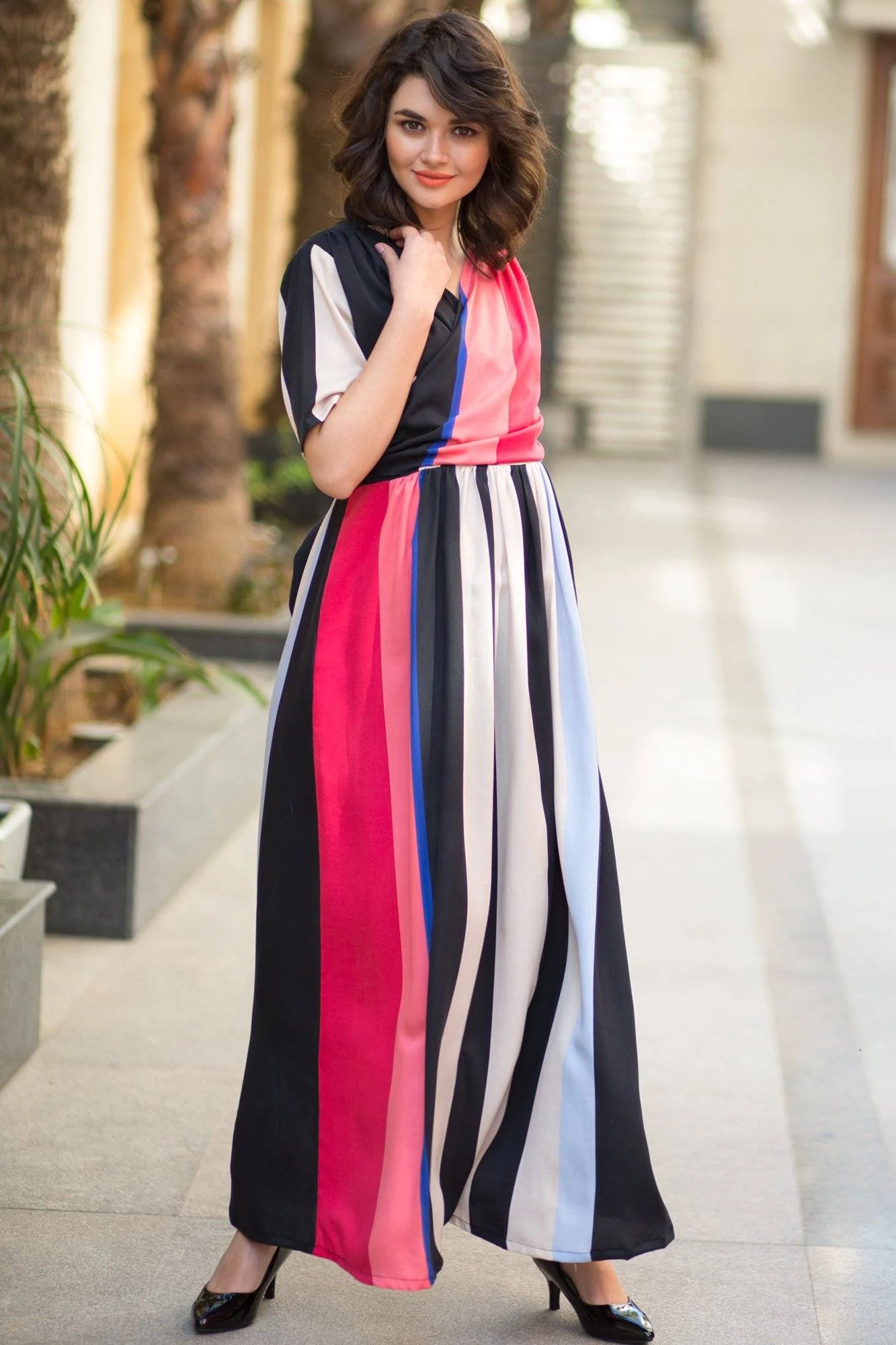 Royal Stripe Cotton Blend Maternity & Nursing Wrap Dress - Chenance