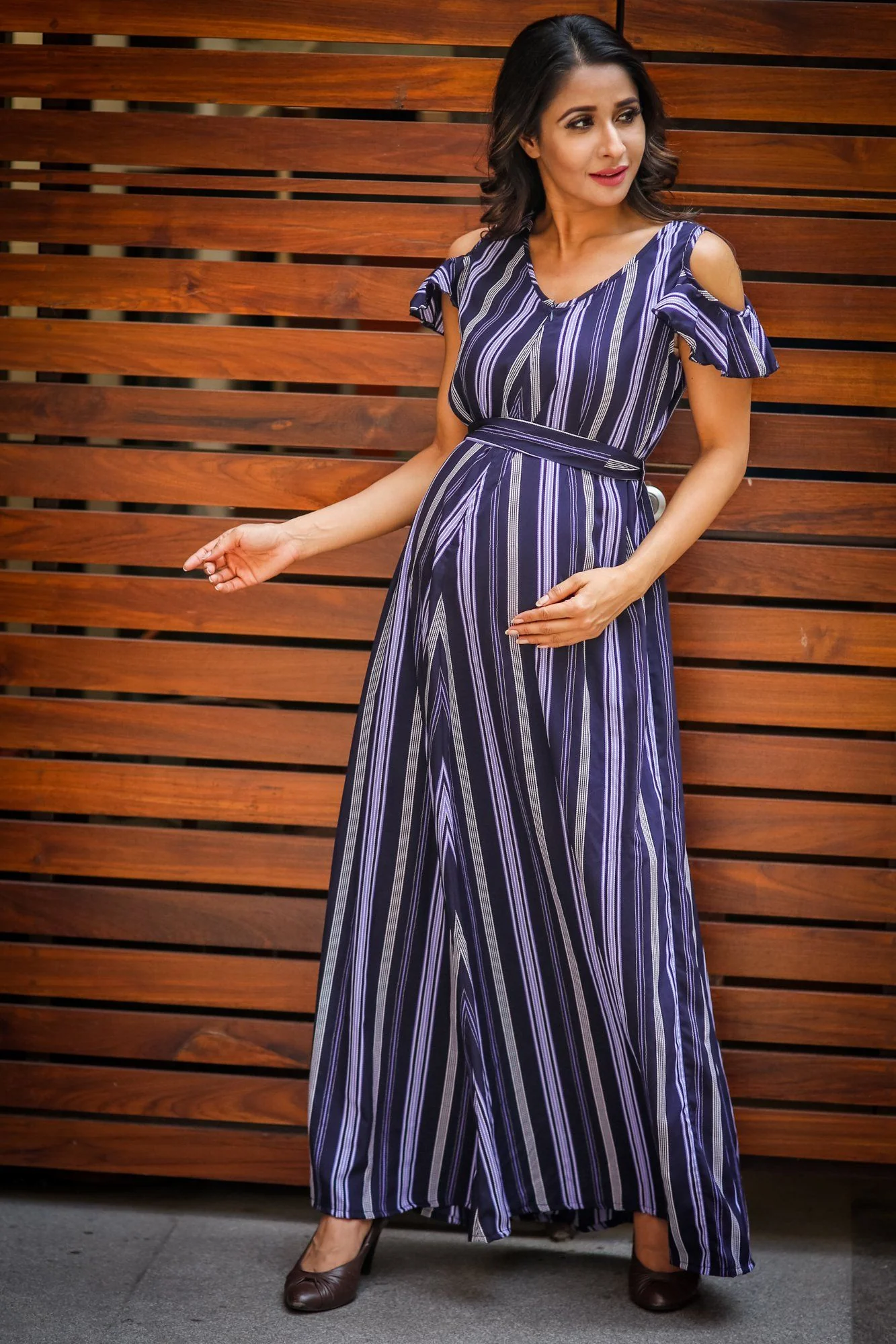 Exclusive Stripe Violet Maternity & Nursing Maxi Dress - Chenance