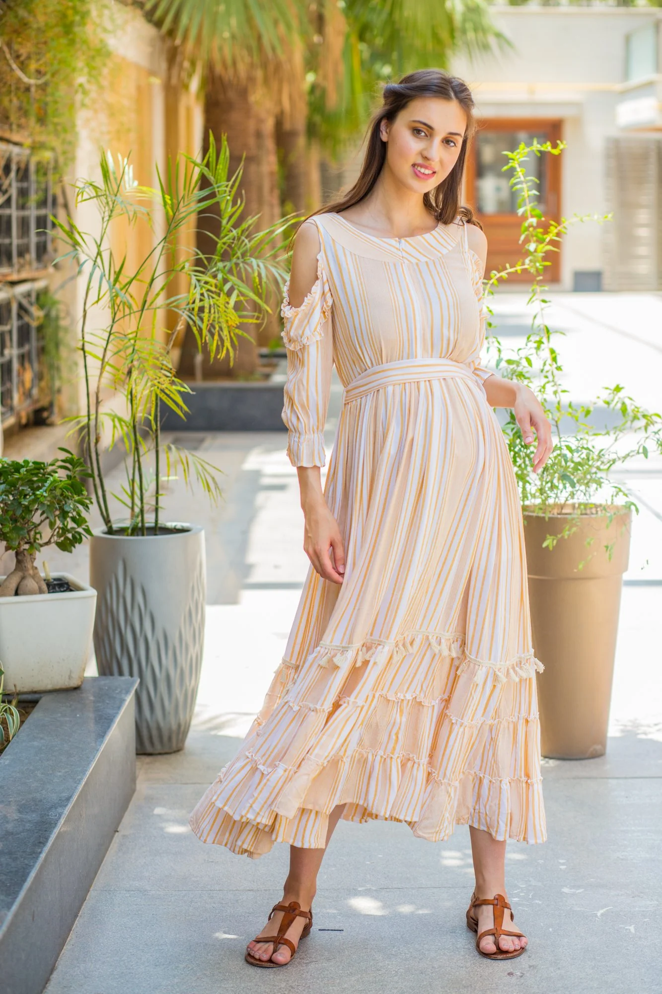 Cute Boho Mustard Frill Maternity & Nursing Maxi - Chenance