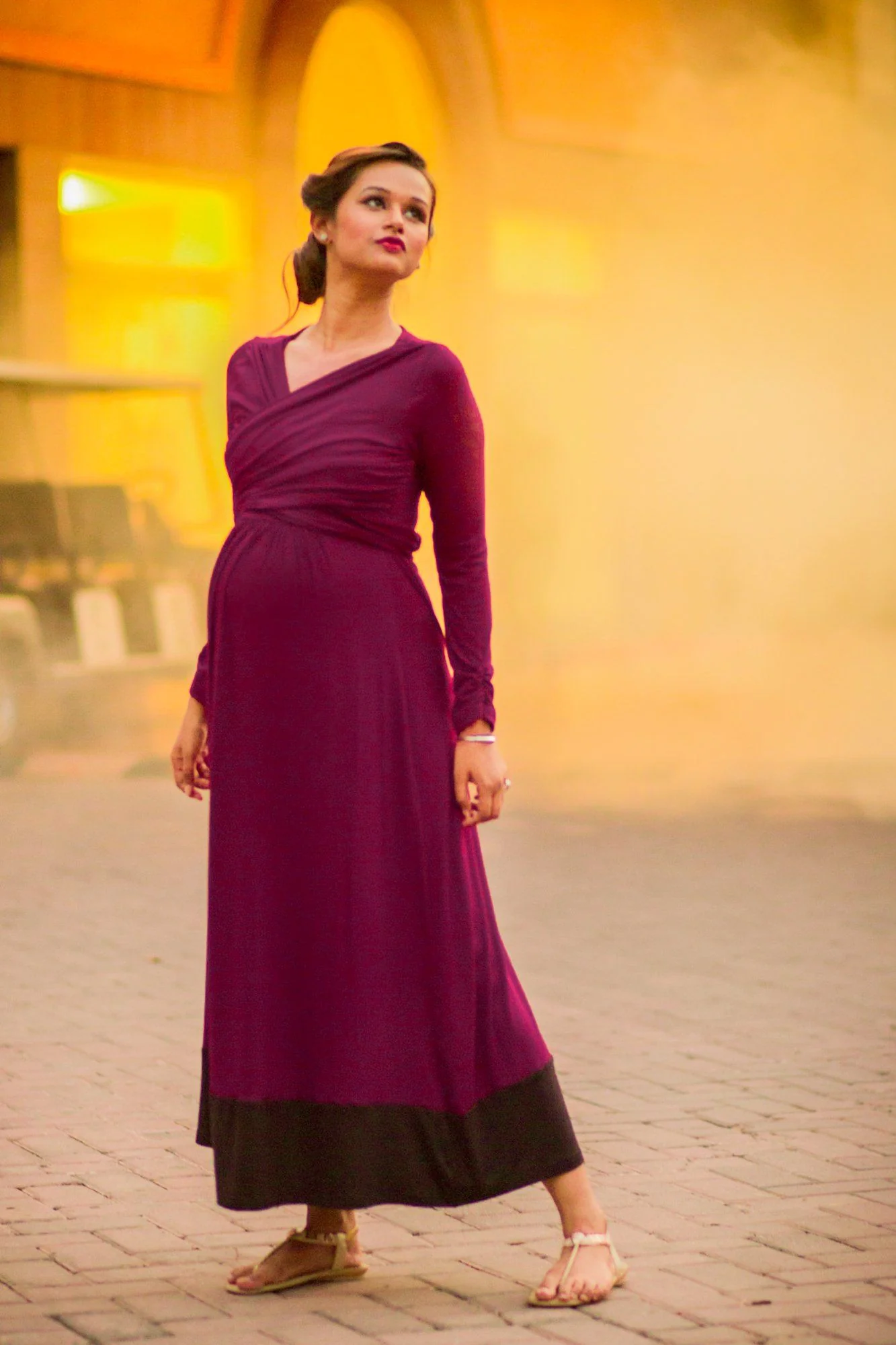 Elegant Mulberry Wine Front Wrap Maternity & Nursing Dress - Chenance