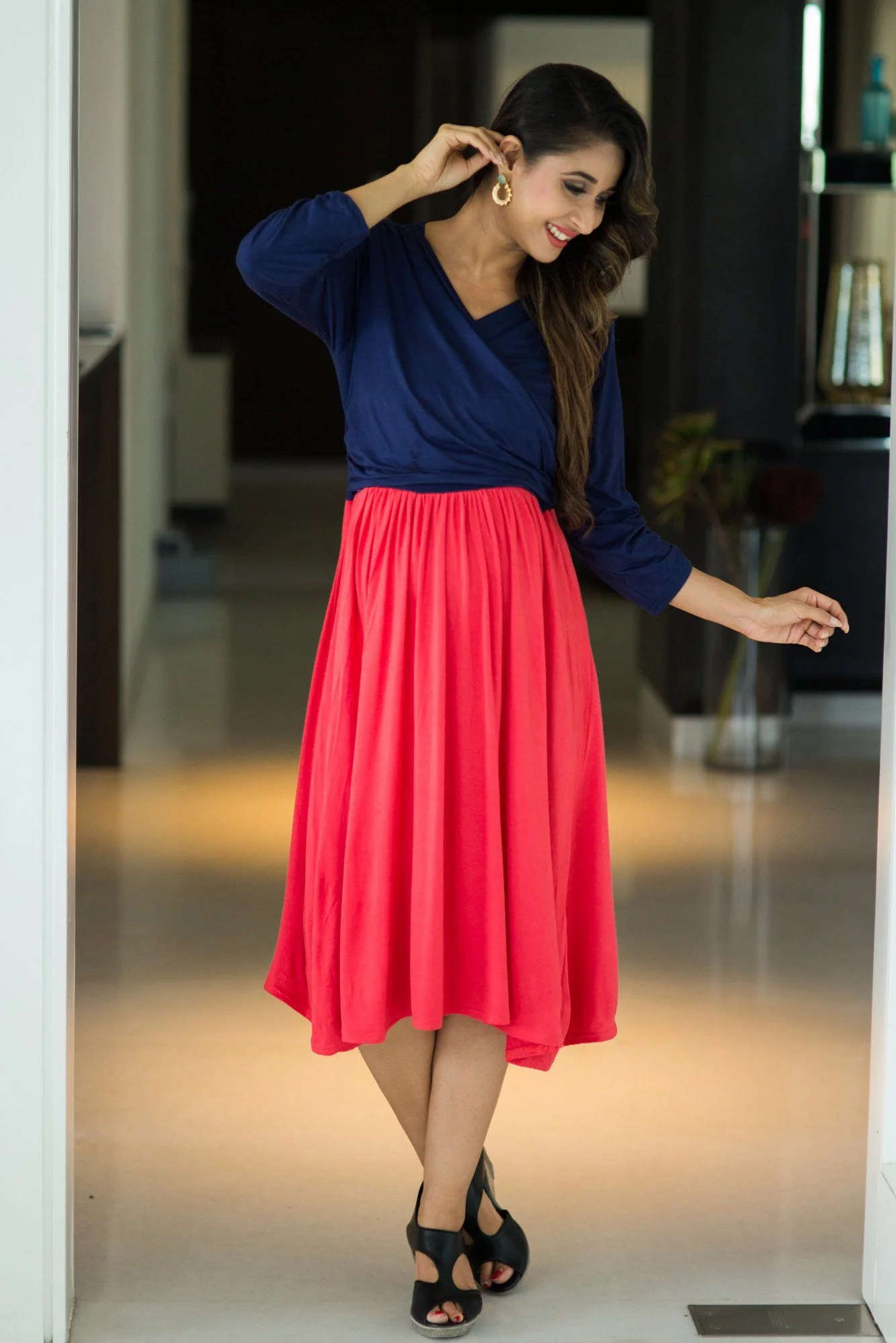 Coral Blue Wrap Tie Maternity & Nursing Dress - Chenance