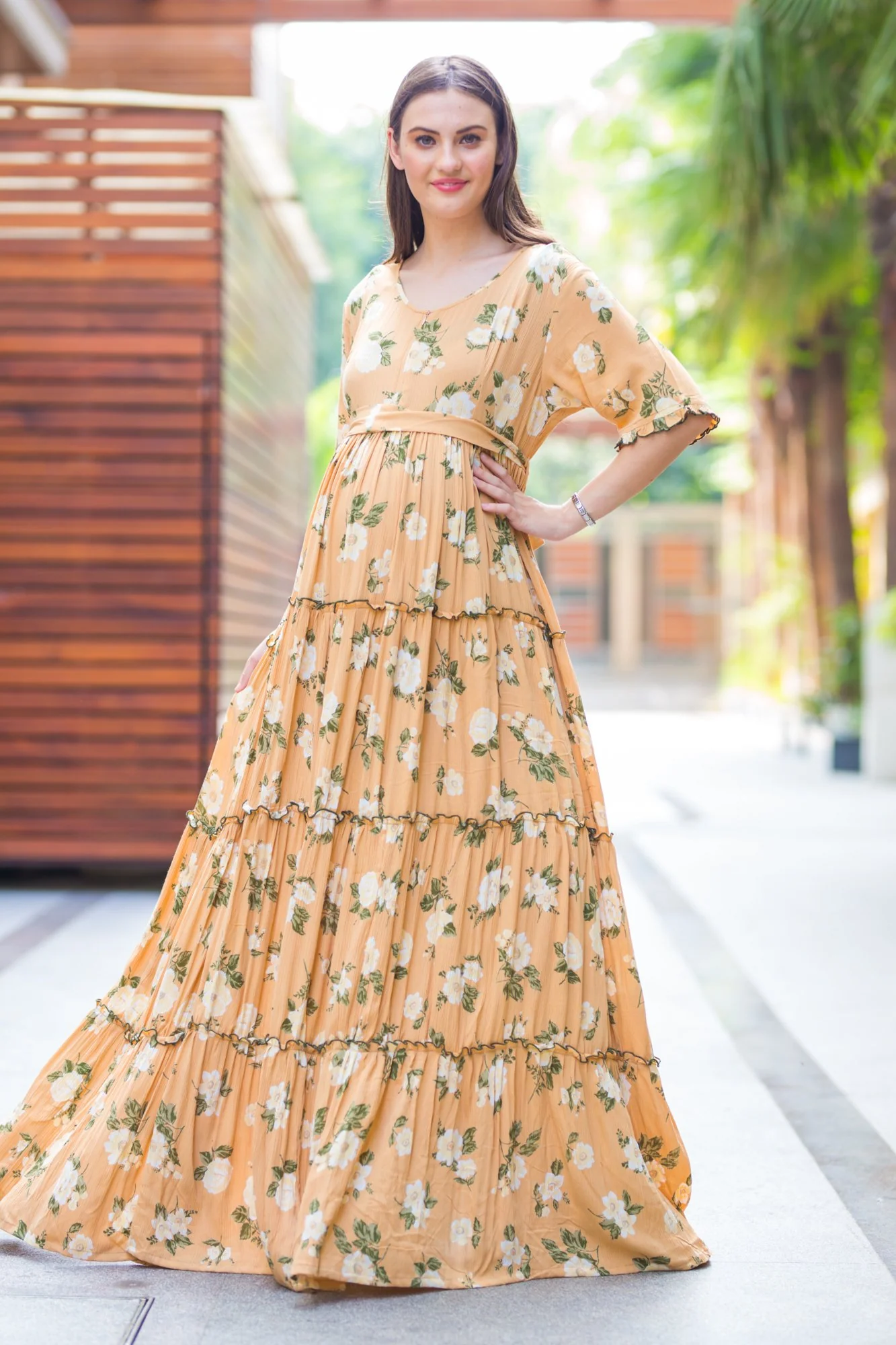 Multilayer Baby Fawn Frill Maternity & Nursing Dress - Chenance