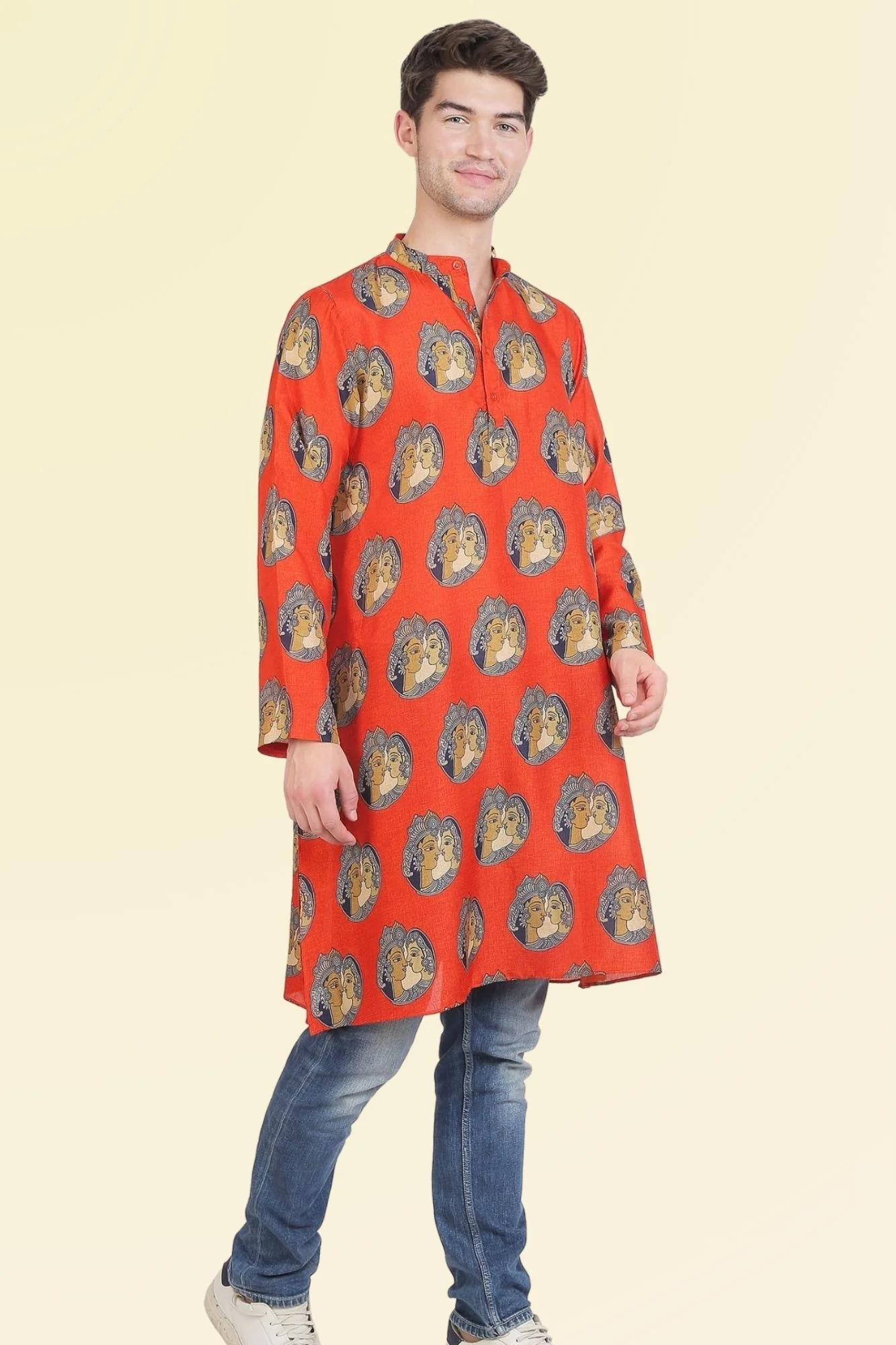 Men Apricot Kalamkari Printed Silk Kurta - Chenance