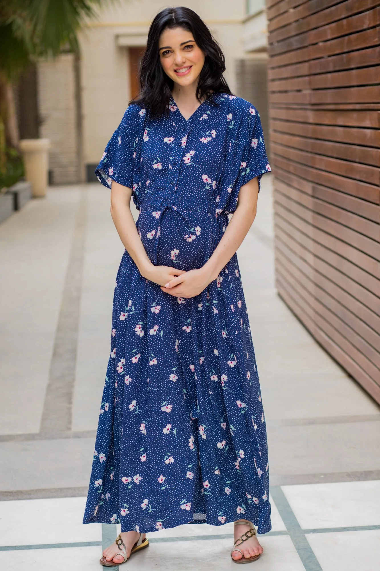 Kimono Floral Blue Maternity & Nursing Dress / Delivery Gown/ Night Dress - Chenance