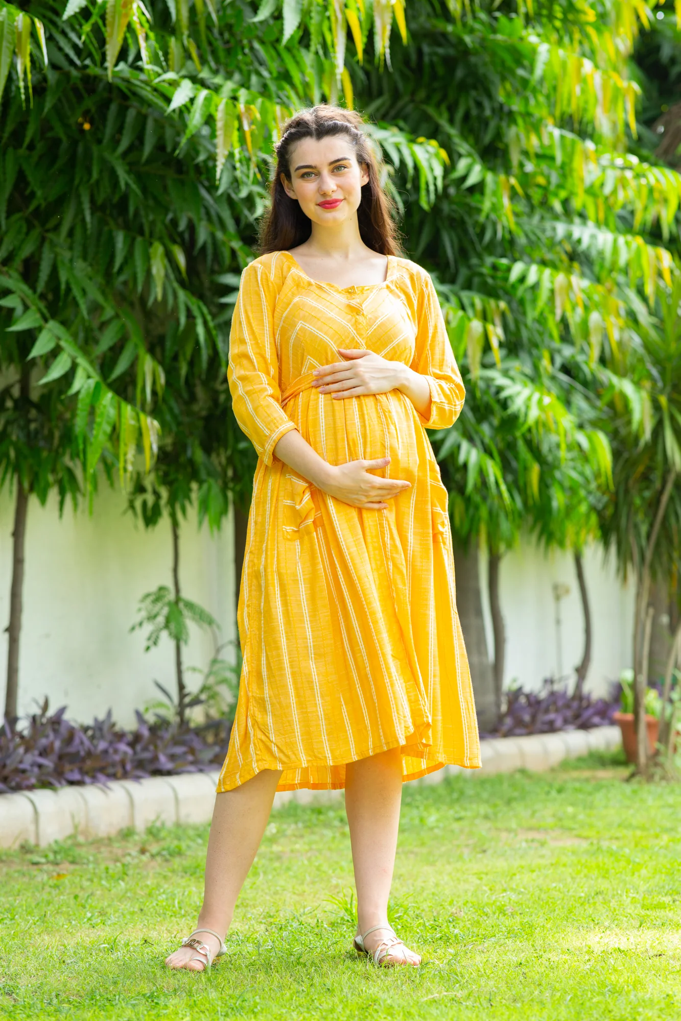 Playful Striped Pocket Maternity & Nursing Dress - Chenance