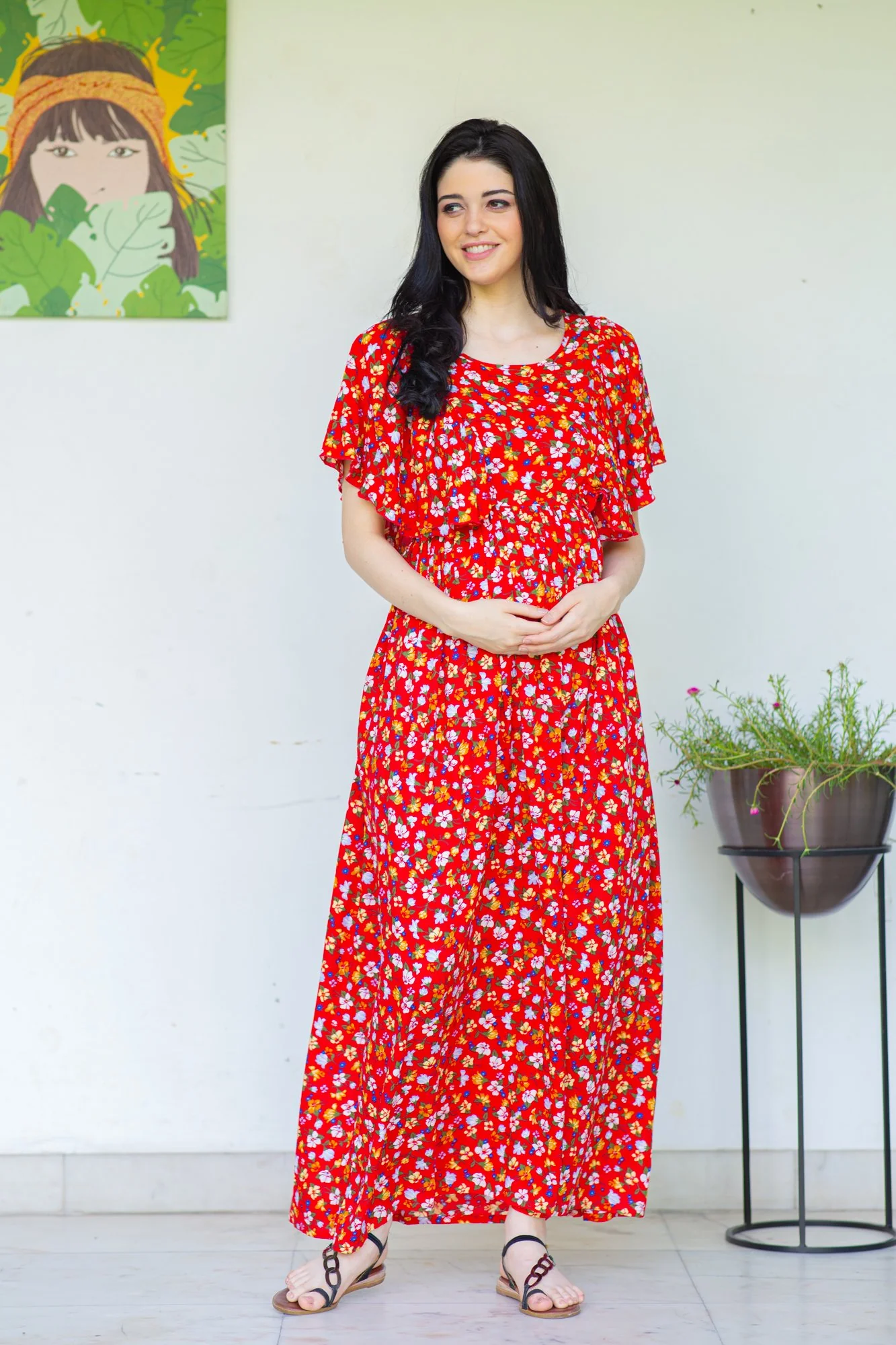 Berry Red Maternity & Nursing Flap Dress - Chenance