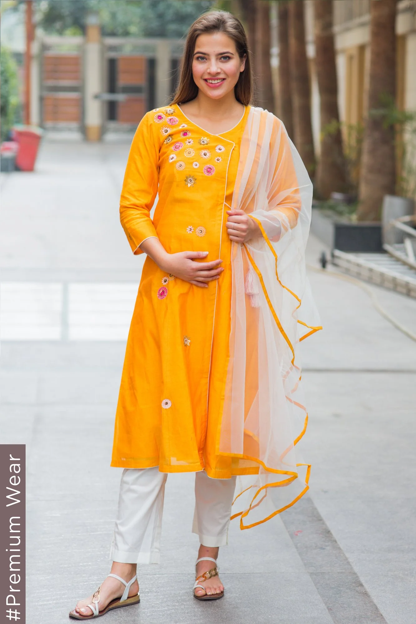 Premium Orange Chanderi Silk Flower Gold Zari Maternity Suit Set (3 pc) - Chenance
