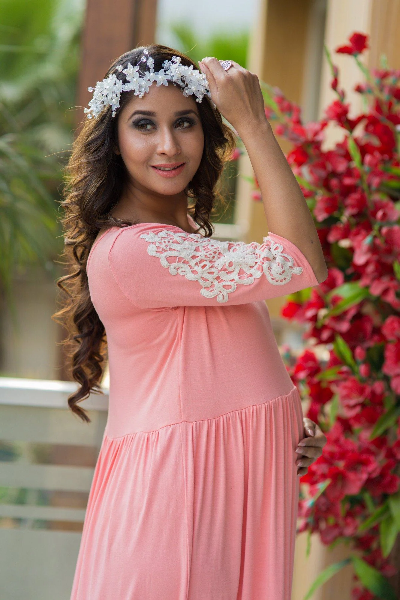 Soft Peach Crochet Maternity Maxi Dress - Chenance