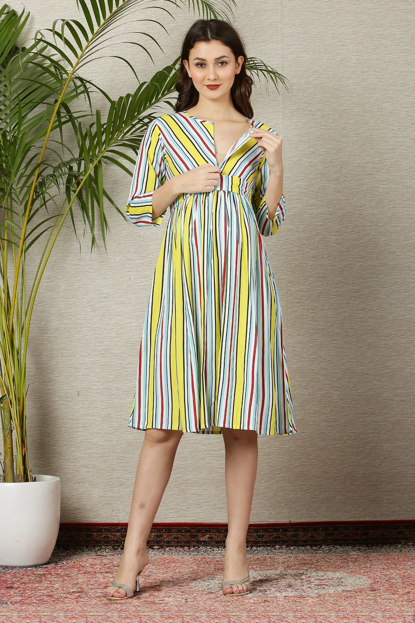 Cheeky Yellowish Striped Maternity & Nursing Dress - Chenance