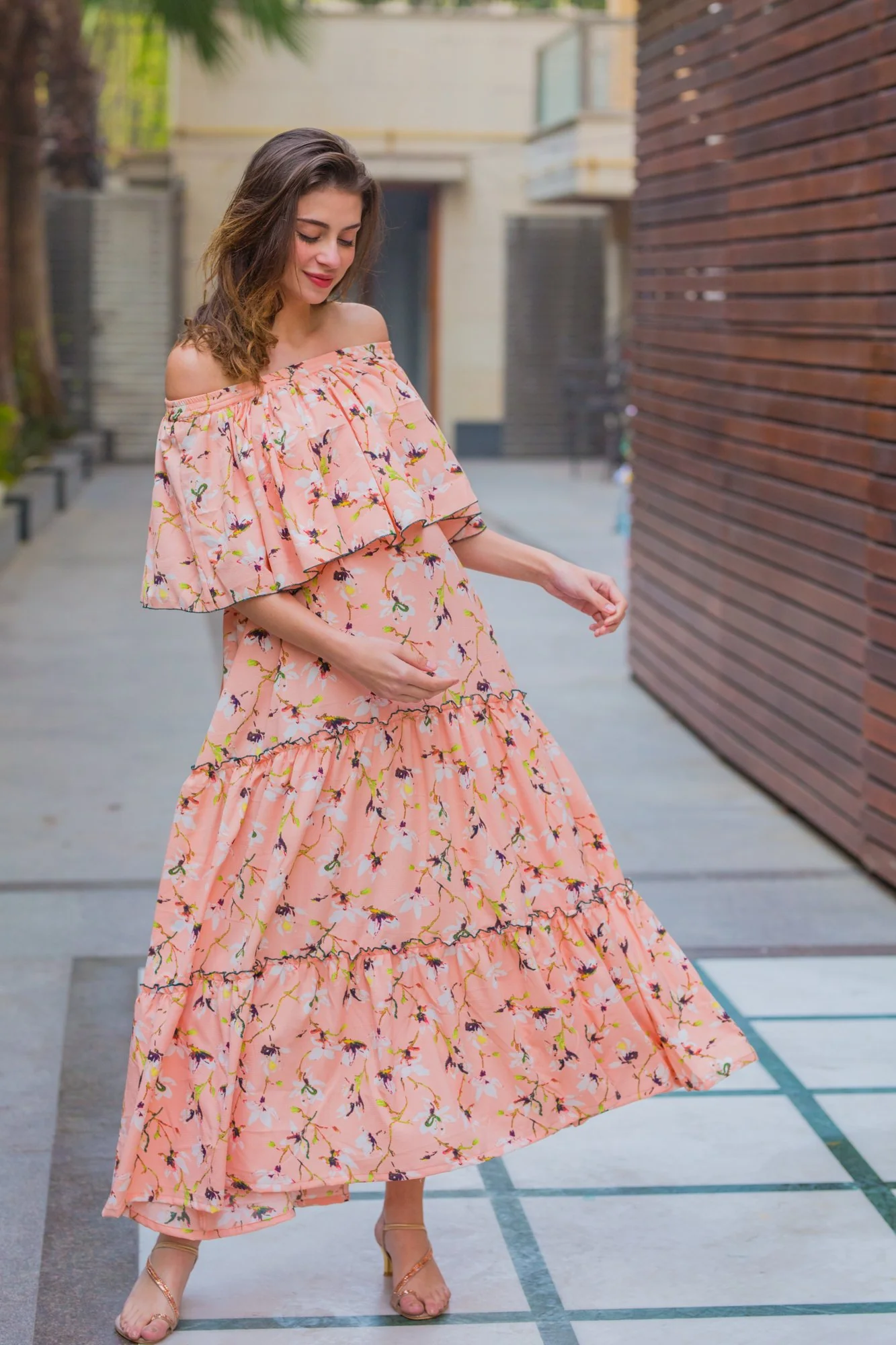 Botanical Peach Off-Shoulder Maternity Maxi Dress - Chenance