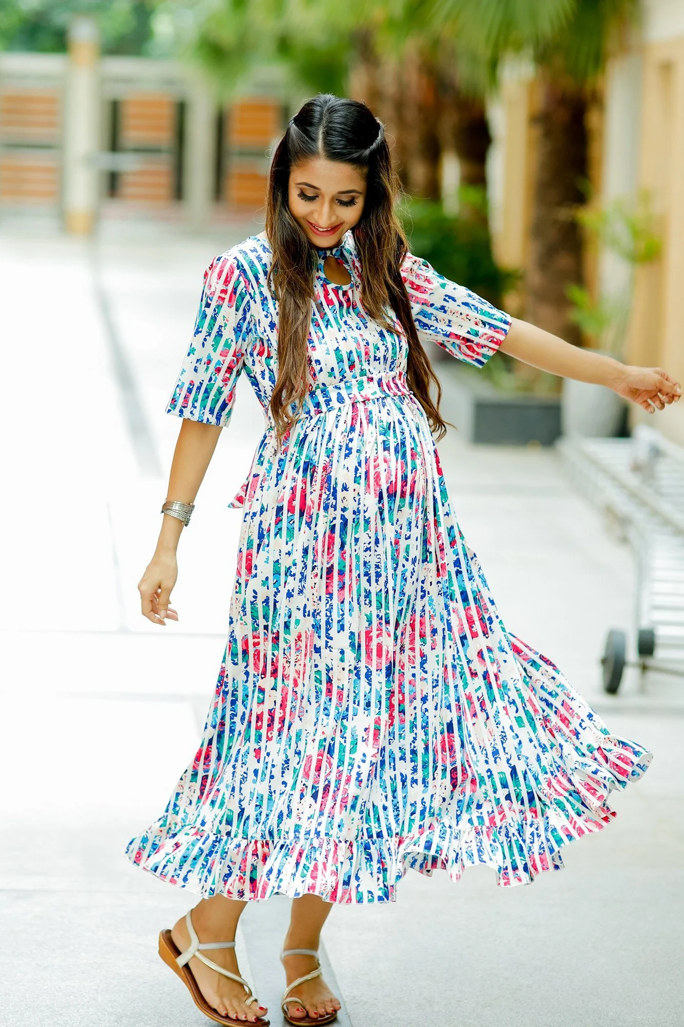 Floral Stripe Frill Crepe Concealed Zips Nursing Dress - Chenance