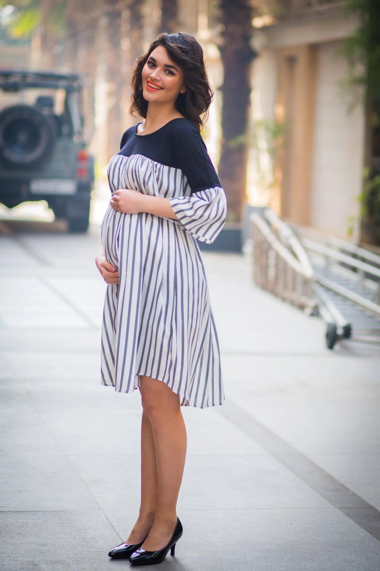Chic Grey Striped Bell Sleeves Maternity Tunic Dress - Chenance