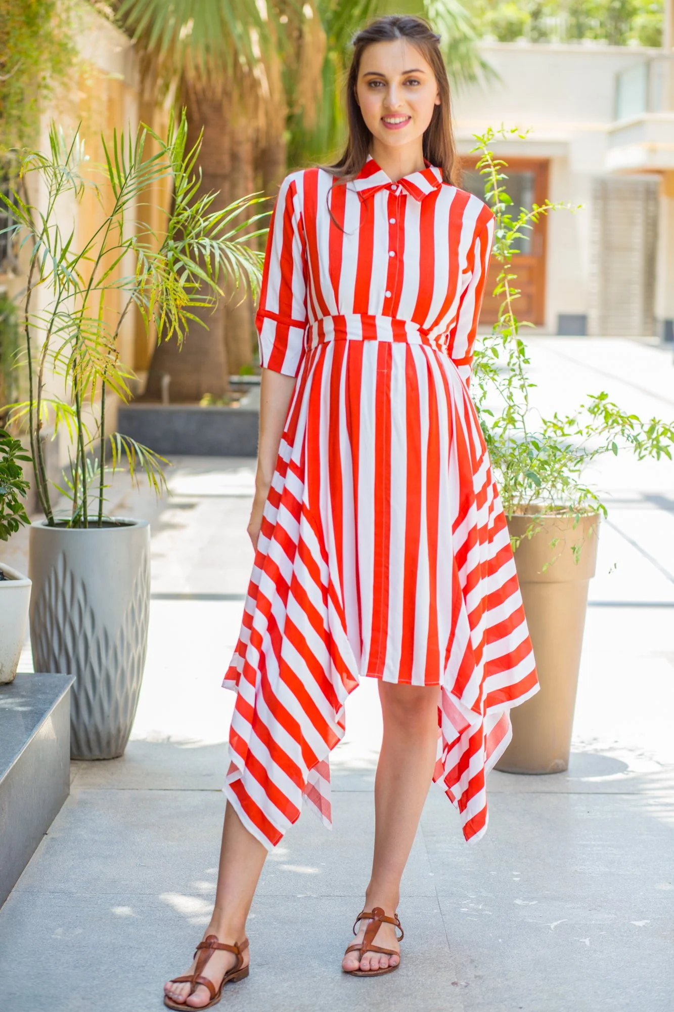 Candy Red Striped Maternity & Nursing Assymetrical Dress - Chenance