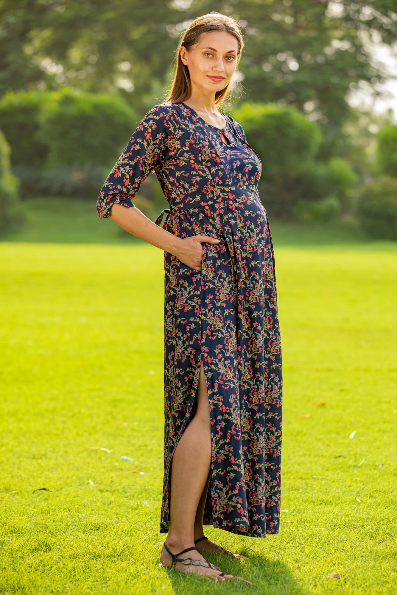 Midnight Bloom Side Slit Maternity & Nursing Dress - Chenance