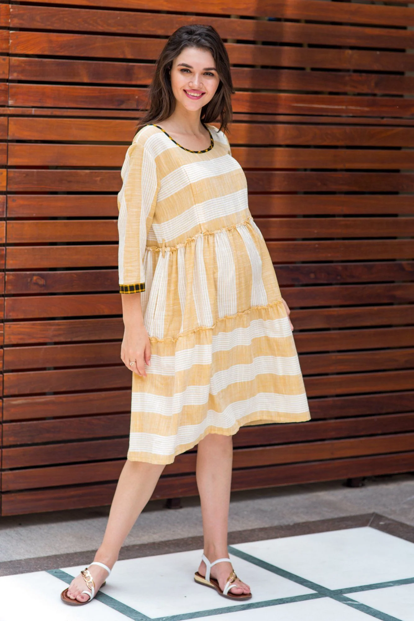 Cotton Tan Yellow Stripe Maternity & Nursing Dress - Chenance
