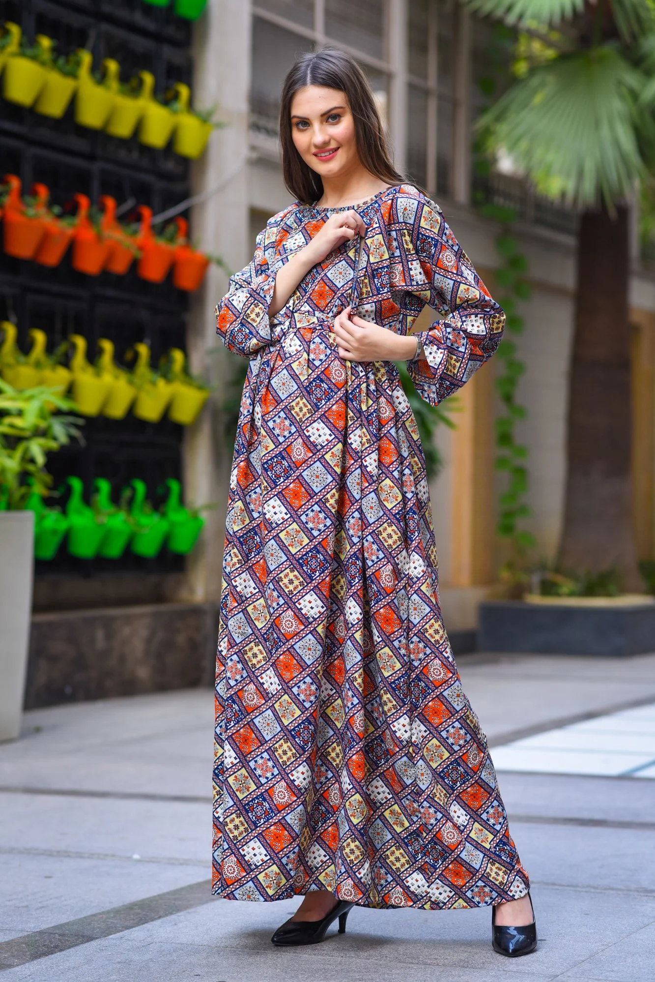 Abstract Multicolor Maternity & Nursing Maxi Dress - Chenance