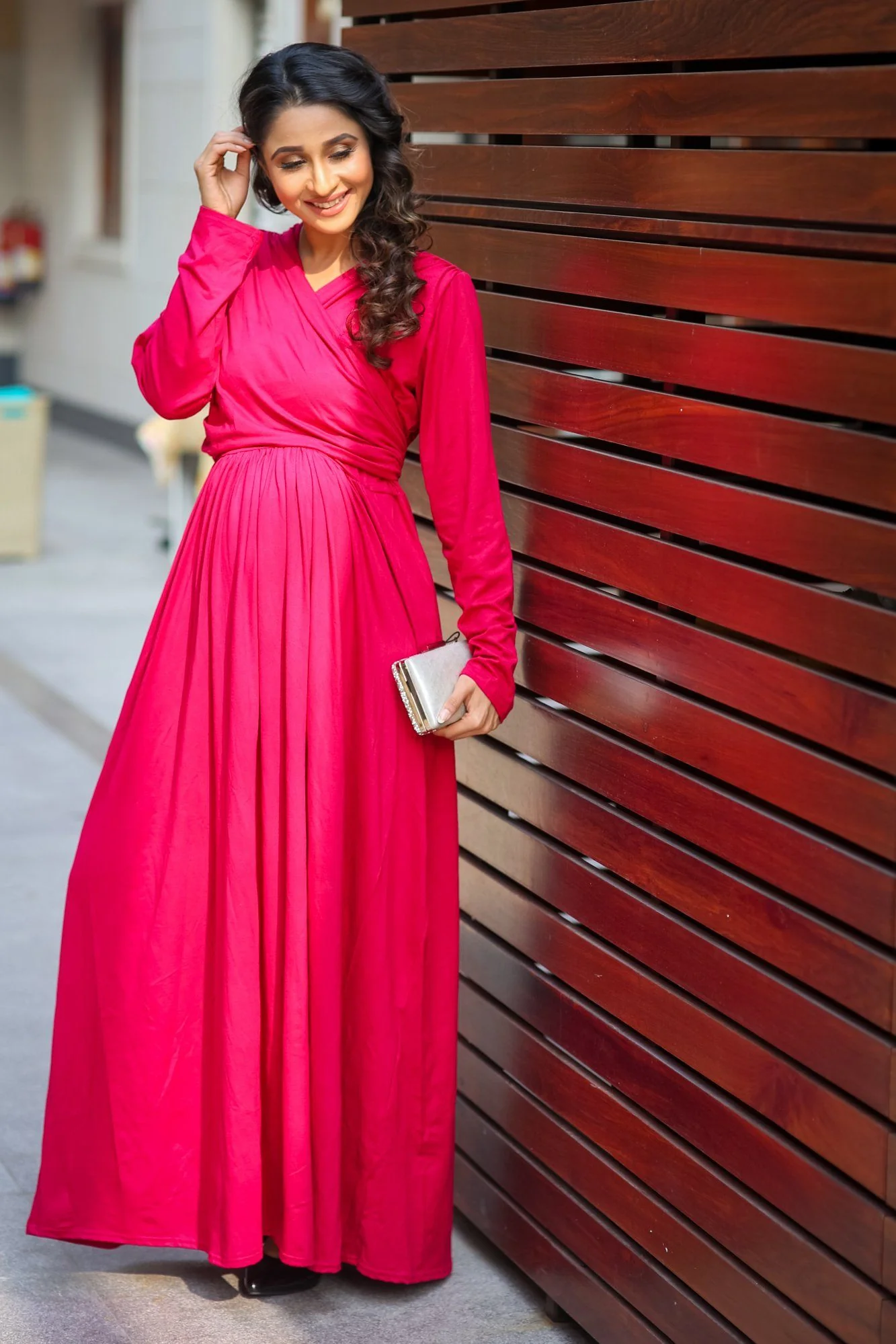 Royal Carnation Maternity & Nursing Lycra Wrap Dress - Chenance