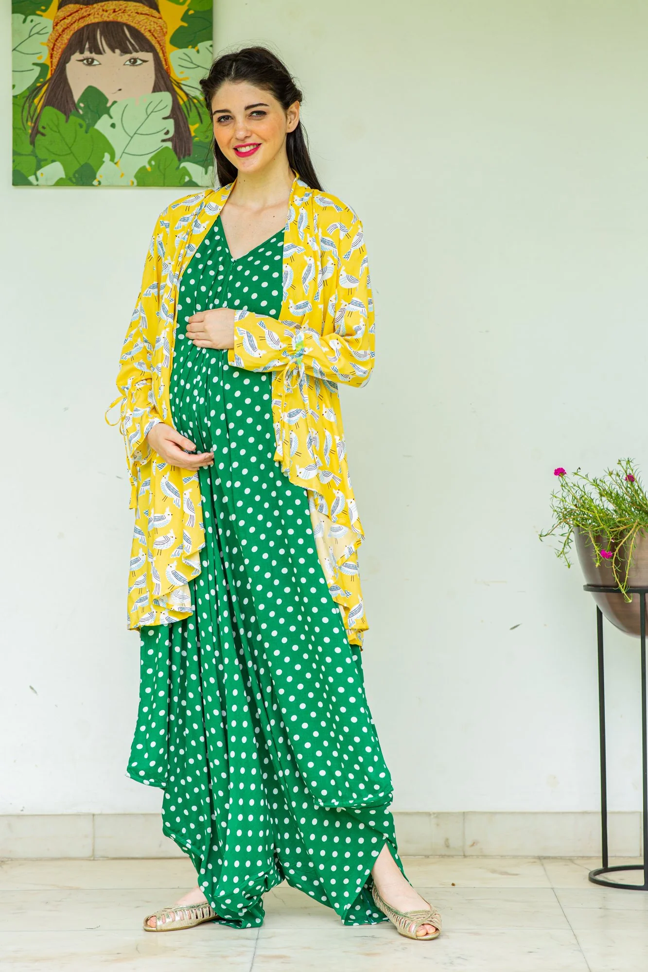 Set of 2 - Emerald Green Polka Cotton Maternity Jumpsuit with Cover Up - Chenance