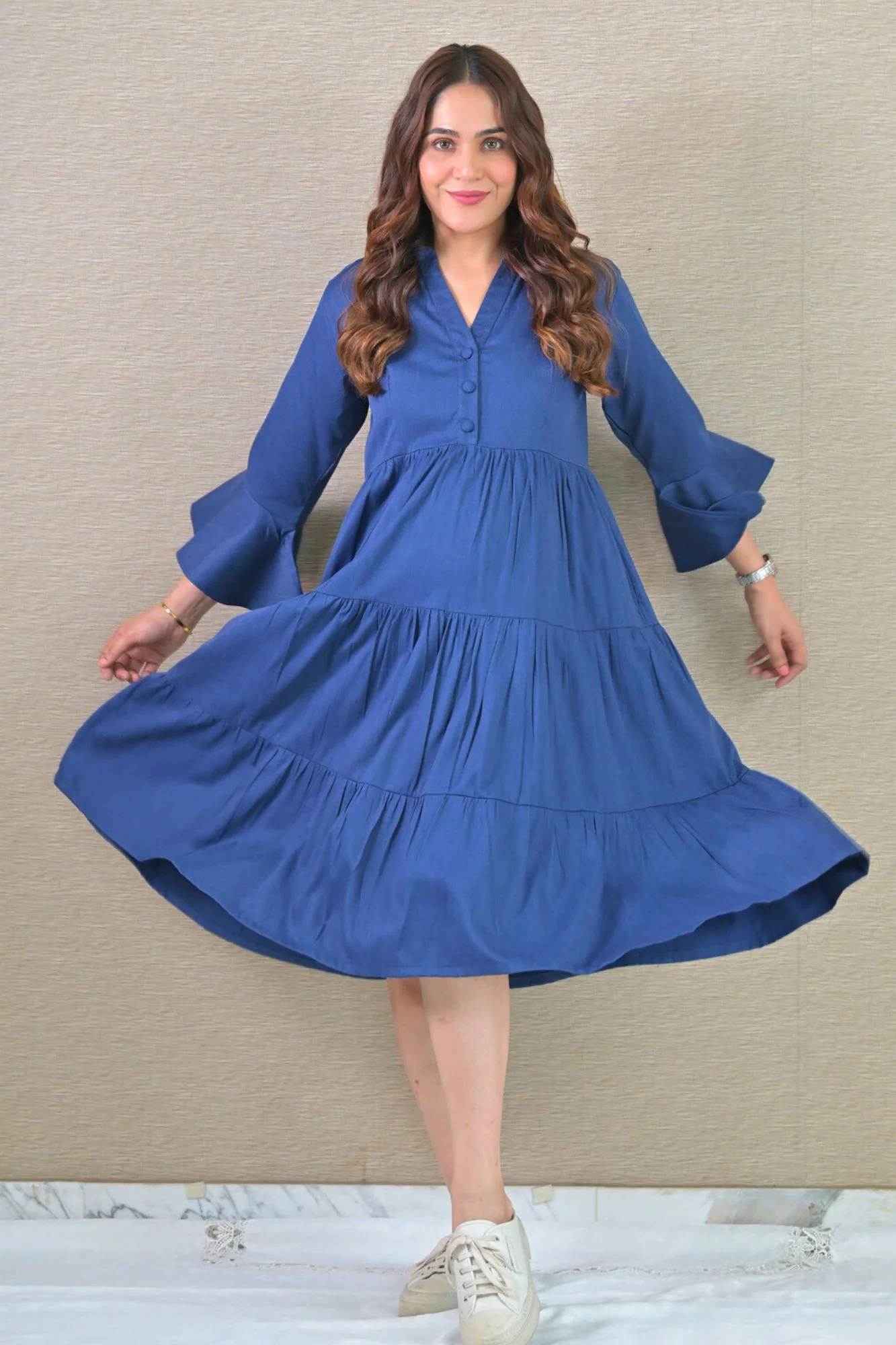Denim Bliss Maternity & Nursing Gathered Dress (100% Cotton) - Chenance